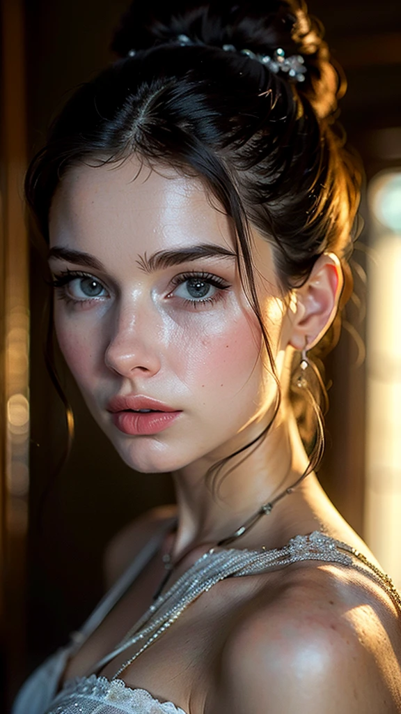 (((ultra realistic))) Photo, masterpiece, top quality, (pale skin), (Ultra detailed face and eyes:1.3), Indian 1 girl, in a beautiful black(goldon embroidery)dress, (Eye makeup, mascara) , (a close up portrait of a beautiful woman with long brown messy bun, curly hair), wearing a black dress, gorgeous detailed face, extremely beautiful delicate features, piercing eyes, luscious lips, flawless skin, stunning portrait, high quality, cinematic lighting, photorealistic, masterpiece, dramatic depth of field, soft elegant expression, elegant and serene, professional portrait photography, beautiful model, gorgeous female portrait, incredible realismof field, bokeh, (special attention to skin detail: 1.2), Detailed leather texture, skin pores. ((side angle portrait, viewing towards the camera)) , ultra detialed, soft elegantly day light:1.2
