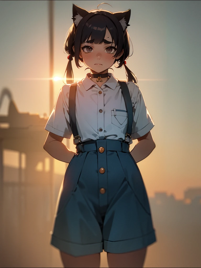 (Sumilux f1.4 50mm , low Latitude old color negative film , cross process , bokeh, flare, chromatic aberration , soft focus, (Shallow focus) , soft glow , Maximum aperture, high Key , Transparent depiction) , hentai anime style , innocent erotica , cat ear girl , (Thick thighs) , (Short stature) , (blunt bangs , Pixie Cut , Twin tail hairstyle ) , (round maro eyebrows:1.2) , (Baggy short Culottes) , Choker with bells , suspenders , twin melons , Itchy groin , (Crotch stain) , Holding in the pee , A little bit came out , (The button is off , The button pops off , Childish underwear) , Mucus overflows , Large pocket on lower abdomen