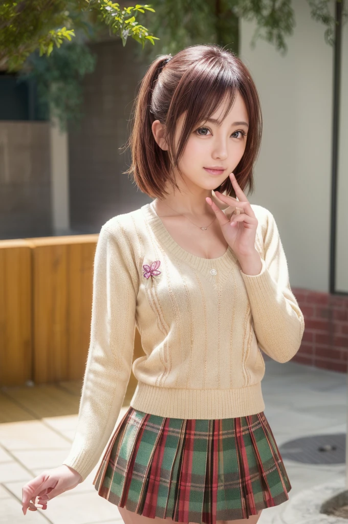 ph momo, momohd, phmomo, solo, 1girl,  pink hair, purple eyes, short hair, hair flower, sweater vest, ,(yellow sweater:1.2), big eyes, plaid skirt, black thighhighs, (masterpiece:1.6, best quality),  (finely detailed beautiful eyes: 1.2), ultra-detailed, illustration,beautiful detailed eyes, (yandere:1.4), (empty eyes),  backlighting, looking at viewer, blush, smile, (masterpiece, finely detailed beautiful eyes: 1.2), detailed eyes, hyper detailed,light smile, highly detailed, beautiful, small details, ultra detailed, best quality, intricate, hyperrealism, sharp, digital illustration, detailed, realism, intricate, 4k, 8k, trending on artstation, good anatomy, beautiful lighting, award-winning, photorealistic, realistic shadows, realistic lighting, beautiful lighting, raytracing, intricate details, moody, rule of thirds, masterpiece, (illustration:1.1), highres, (extremely detailed CG, unity, 8k wallpaper:1.1), beautiful face, highly detailed face, ultra realistic, masterpiece, bokeh, pink hair,extremely detailed, intricate, zoomout, colorful, vibrant colors, red nail polish, side view,standing,whole body,green skirt, plaid, plaid skirt, sainan high , , skirt, sweater vest,