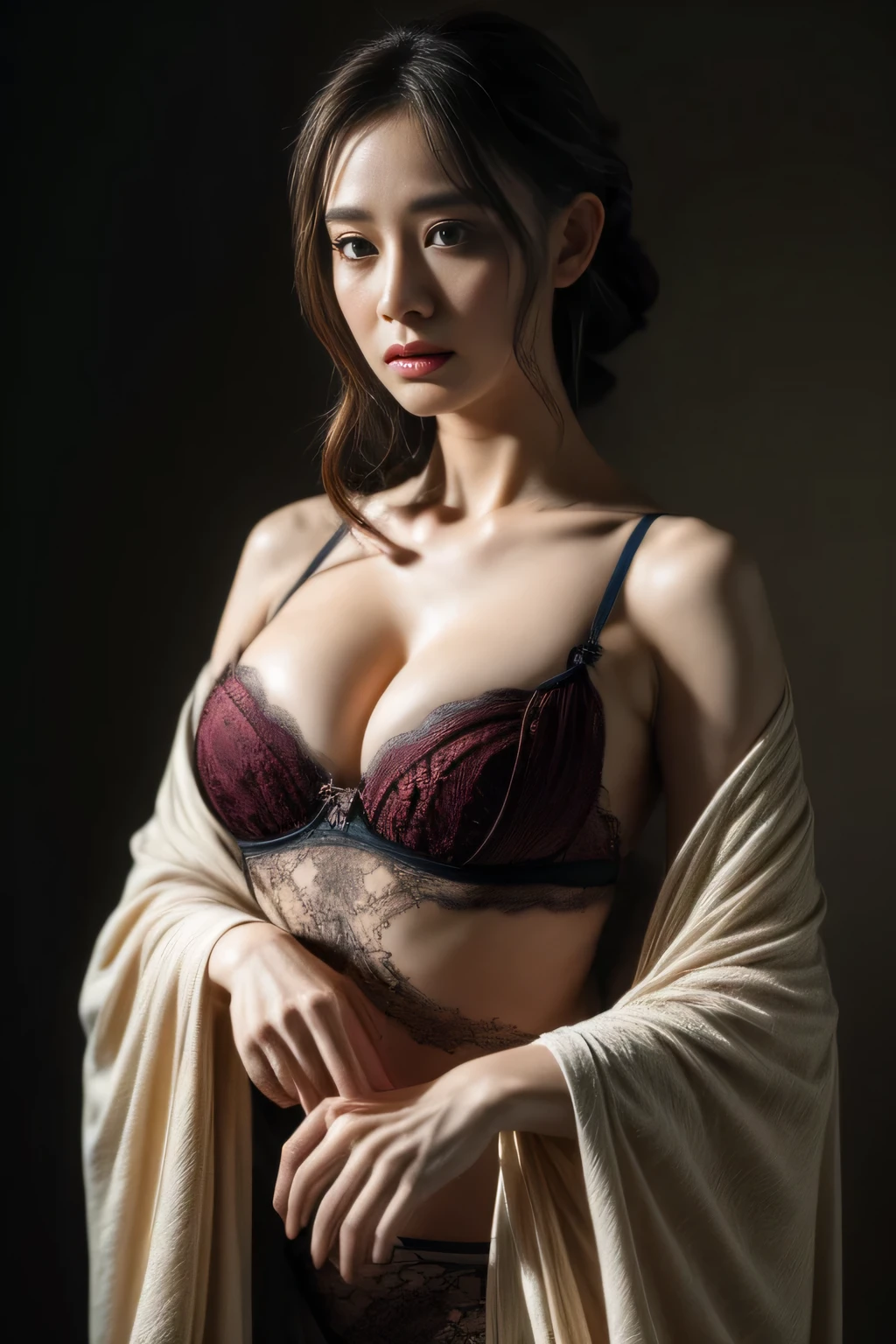 official art, unity 8k Wallpaper, super detailed, beautiful, gorgeous, masterpiece, top quality, dark, atmospheric, mysterious, romantic, eerie, literature, art, fashion, Ming and Qing period, beautiful lingerie, decoration, intricate, ironwork, embroidery, beautiful and skillful lacework, contemplation, emotional depth, supernatural, one girl, bewitching, sexy, erotic, solo, neck, cowboy shot, bust composition, off-the-shoulder Hanfu, beautiful cleavage,