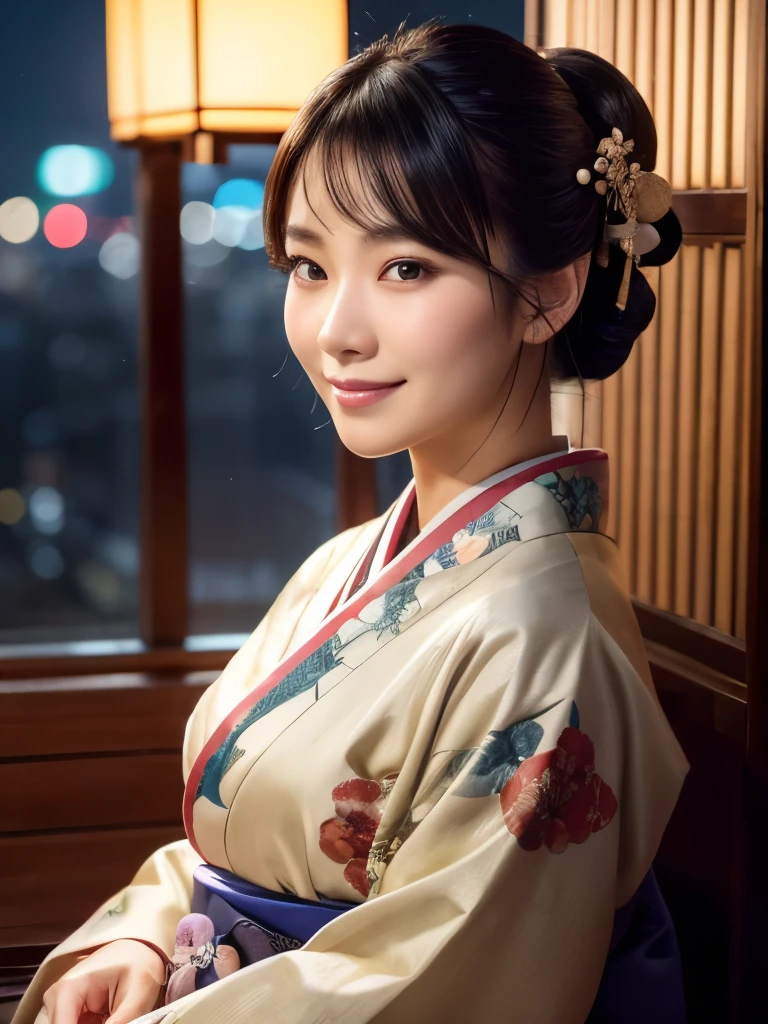 Realistic, masterpiece, alone, Beautiful Japanese Woman, Ultra high definition, Traditional Kimono, Physically Based Octane Rendering, Natural appearance, A kind smile, Impressive Gaze, Traditional hairstyle, Japanese-style room at dusk, Sit by the window, Illuminated by the city lights, (Attractive pose), Professional Photographer, Shallow depth of field, Backlight,