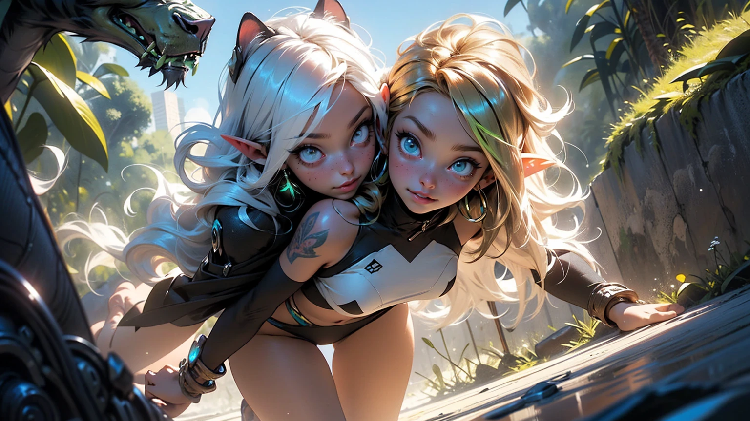 2 elf girls, 22 years old, multicolor hair, blonde hair with color streaks, crazy hair, holding a glowing magical orb, magic energy manifestation, yelow glow, cat ears, jungle, fireflies, full body, extreme abs, cute face, smiling, naked, nude, tattoos, fluorescent, magical scene, beautiful, fashion, splash of color, paint splatter, rainbow lights, world of warcraft, serene jungle, red fireflies, purple glow, 2 elf females, nudist, 20 years old, multicolor hair, Psy trance rave, fluorescent details and makeup, extreme abs, 3 beautiful elf girls, 20 years old, nudity, naked, nude, no clothes, tattoos, extreme abs, cute face, rave outfit, full body, look from above, nightclub, magicalcat ears, rainbow hair, nude, naked, spreading legs, stylish hair, mechanical wings, fantasy, jungle, closeup, alien planet, nature, wildernes, beach, palmtreas, clean space, fruit, lens flare, ancient ruins, closeup, no pants, machine, planets, no clothes, nudist, neon hair, spreading legs, high heels cyberpunk beach, faerie wings, futuristic, cute face, neon colored hair, drow elves, space theme, cyberpunk theme, extreme abs, transparent jacket, completely naked, unique face, giant octopus tentacles touching and cuddling, beautiful, beach,neeko from league of legends, cute face, beautiful, natural settingdigital circuitry beautiful girl elf, gold colors on black, city, cyber city, cityscape, cute face, unique face, neon hair, long hair, shades of yellow and green, deity, God, halo, jewels, angel wings, ethereal, surreal, misty,2 beautiful girls, alien beach, completely naked, cute face, unique face, long hair, extreme abs, naked, alien planet, alien girls, naked, serene, peaceful, sunset beach, playing,digital circuitry beautiful girl elf, gold colors on black, city, cyber city, cityscape, cute face, unique face, long hair, shades of blue and green, deity, God, halo, jewels, angel wings, ethereal, surreal, misty, jewlery