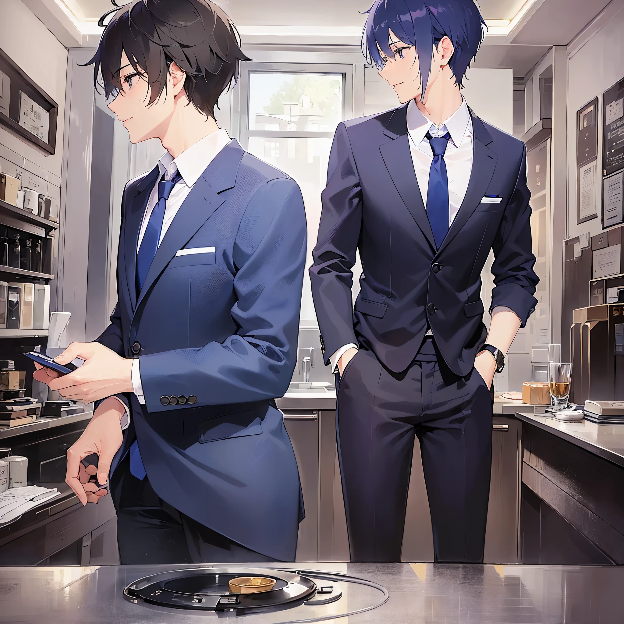 masterpiece、Highest quality、Back view、Shooting from behind、upper body,
(25-year-old male:1.5) and(Black short hair) and (blue eyes),
(suit:1.5) and (Blue tie)(suit:1.5) and (Blue tie)、
smile,The background is a tavern at night、Sitting、(alone:1.5)