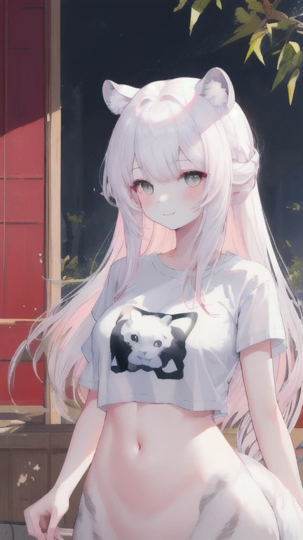 (best quality, masterpiece), 1 girl, centaur, It takes, White skin, korean ,daughter, black pink , Smiling Abdomen Exposure, belly button t-shirt , 아름다운 소녀 perfect white tiger photo, perfect white tiger photo