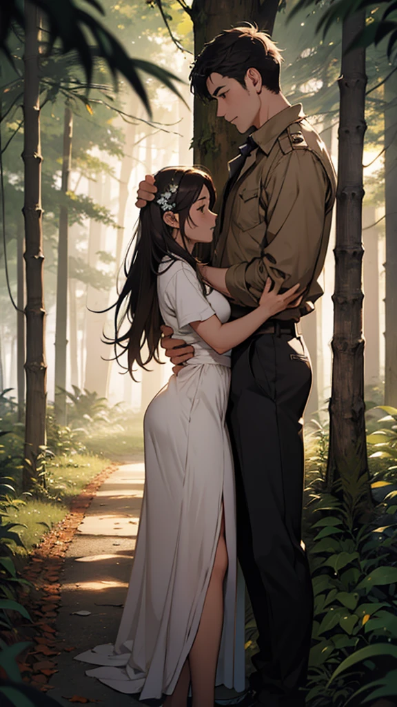 A couple is romancing in the forest. The couple is wearing short clothes. The girl has big hips. It is evening and leaves are falling from the trees.