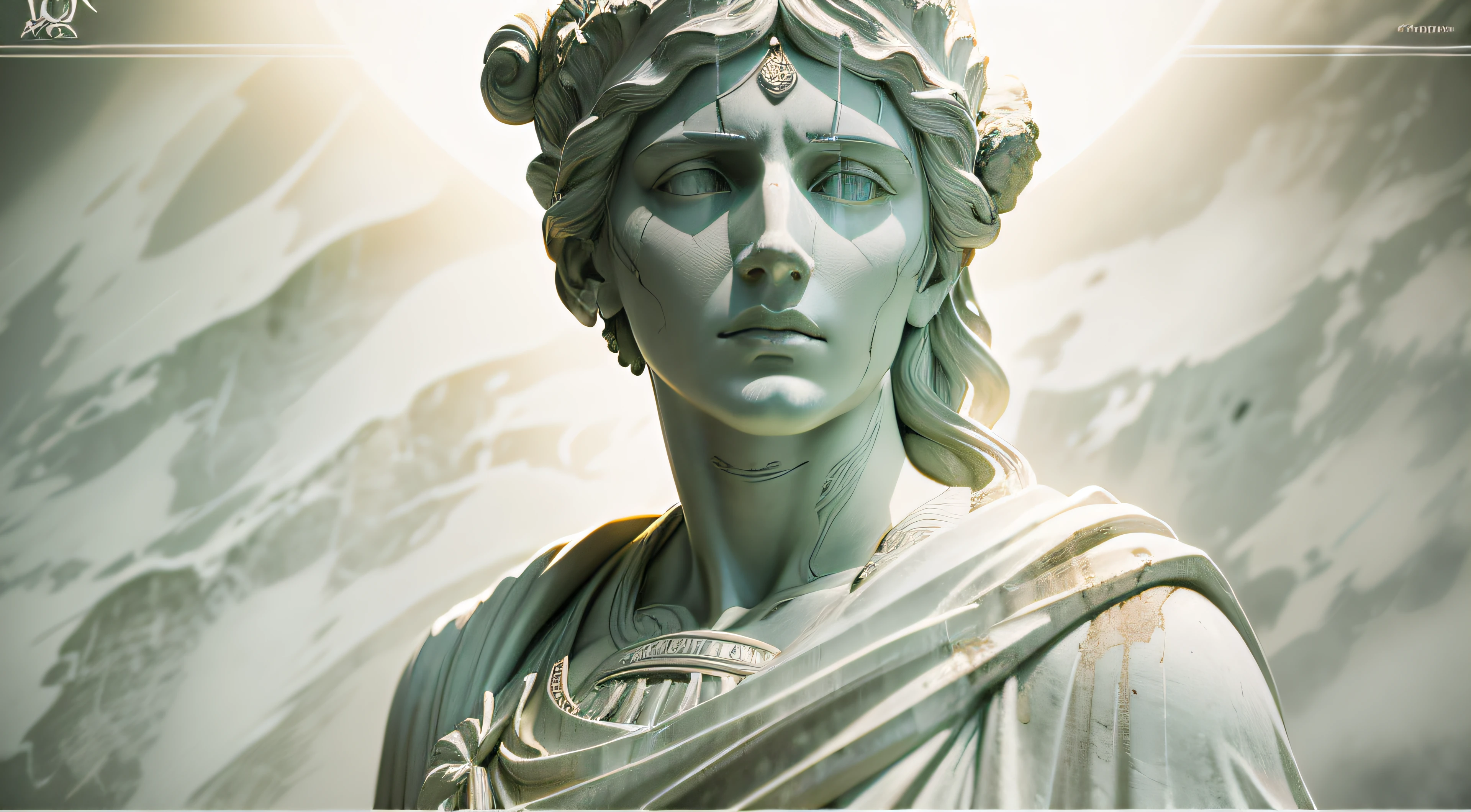 A realistic Greek white marble statue bust of the philosopher Artemis wearing a ghostly toga, neutral background, temperamental, stoic , photorrealistic, Cinematic scene, super verbose, hyperrealisti, glittering lights, 8 mil