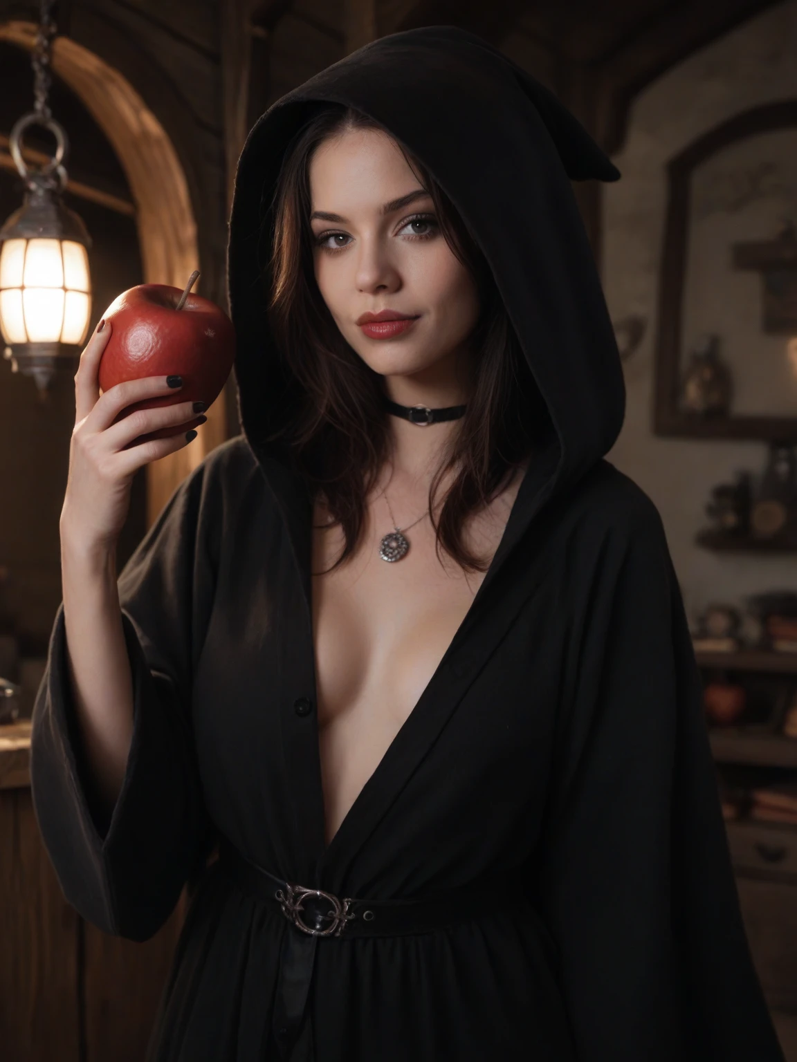 score_9, score_8_up, score_7_up, score_6_up, score_5_up, score_4_up, realistic style, photo, photorealistic, high detail, photo of a very sexy witch, black hooded robe, holds out a red apple to the viewer on her palm, looks at the viewer, old witch's hut, dark lighting, gothic lighting, tag1, tag2