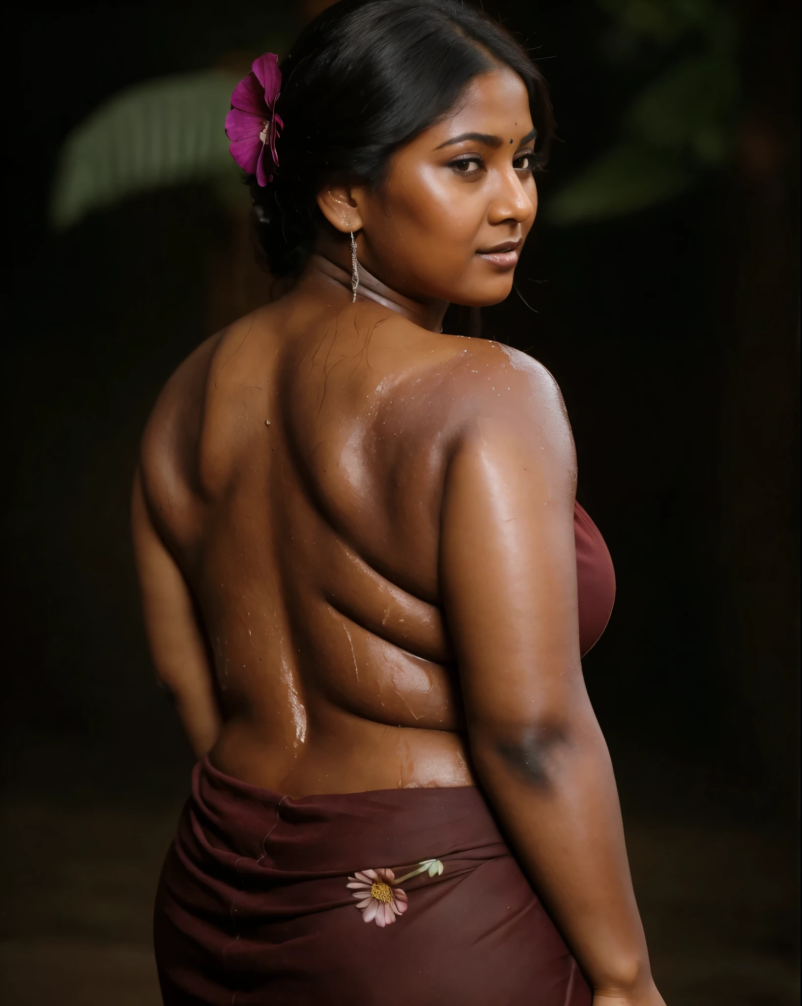 Extremely gorgeous, round face, shoot for a famous cosmetics brand, shoot for top health magazine cover Page, bold photoshoot, bold looks, body positivity, stunning beauty, ravishing, y hot, sizzling hot, sensual shoot, artistic sensual photograpy, thick figure, curvy, Thick navel, sexympting lady, sexy na folds, fleshy figure, woman with a flower in her hair and a flower in her hair, closeup portrait shot, movie stills photography, traditional beauty, body sweat, glistening skin, feminine curve, curvy body, skin texture, skin pores, traditional clothes , traditional female hairstyles, pretty face!!, shot on sony alpha dslr-a300, indian woman with brown skin, indian goddess, traditional makeup, movie stills, actress, close - up portrait shot, detailed portrait shot, ultra HD, 32k,  hyper realistic, hyper realistic skin, High level professional photography, insane details, high quality skin, beautymarks, real photograph, add every possible elements to make the photo looks as real photograph, full body drenched in oil, oiled body, oiled body makes her more sensually appealing, sensual shoot, photorealistic skin texture, 