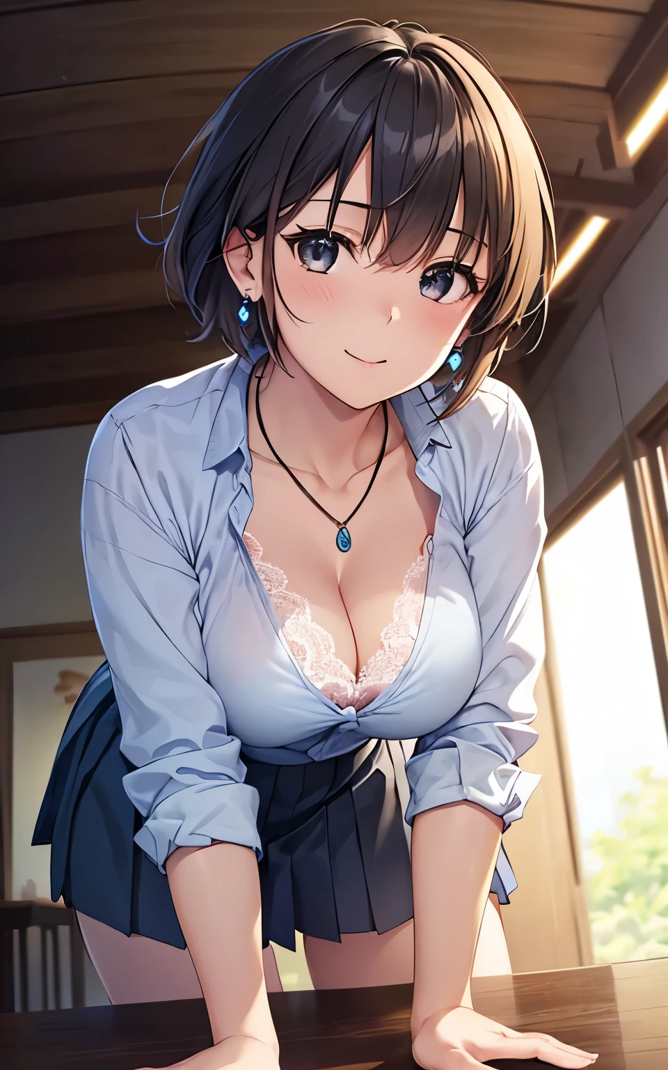 (Tabletop, Highest quality, High resolution, , Pixel perfect, 4K,), Natural brightness、One girl, Beautiful woman、The whole body is visible、 ((Wave shorthair、Blue ash glossy hair)), ((Gray Eyes, Beautiful eyelashes, Realistic eyes)), ((Detailed face, blush:0.6)), ((Smooth texture:0.75, Realistic texture:0.65, Realistic:1.1, Anime CG style)), Mid-chest, Dynamic Angle, Perfect body, older sister、university student、((Open neck shirt with lace、Pleated skirt、Simple necklace、Cute Earrings)), look up、A shy smile、Accentuate your breasts、Bending over and peering、Sit with your legs apart、Attractive thighs、I can see the blue pants、Angle from below、stuffed toy、Girl's Room、
