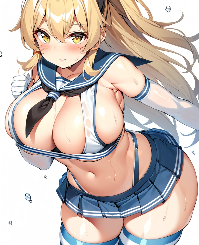 rensouhou-chan, shimakaze (kancolle), 1girl, solo, long hair, breasts, looking at viewer, blush, skirt, blonde hair, large breasts, simple background, hair ornament, thighhighs, gloves, white background, navel, hair between eyes, closed mouth, underwear, , collarbone, yellow eyes, pleated skirt, hairband, serafuku, sleeveless, elbow gloves, striped, white gloves, miniskirt, sailor collar, blue skirt, crop top, wet, neckerchief, sideboob, skindentation, highleg, black hairband, blue sailor collar, striped thighhighs, alternate breast size, microskirt, black neckerchief, anchor hair ornament