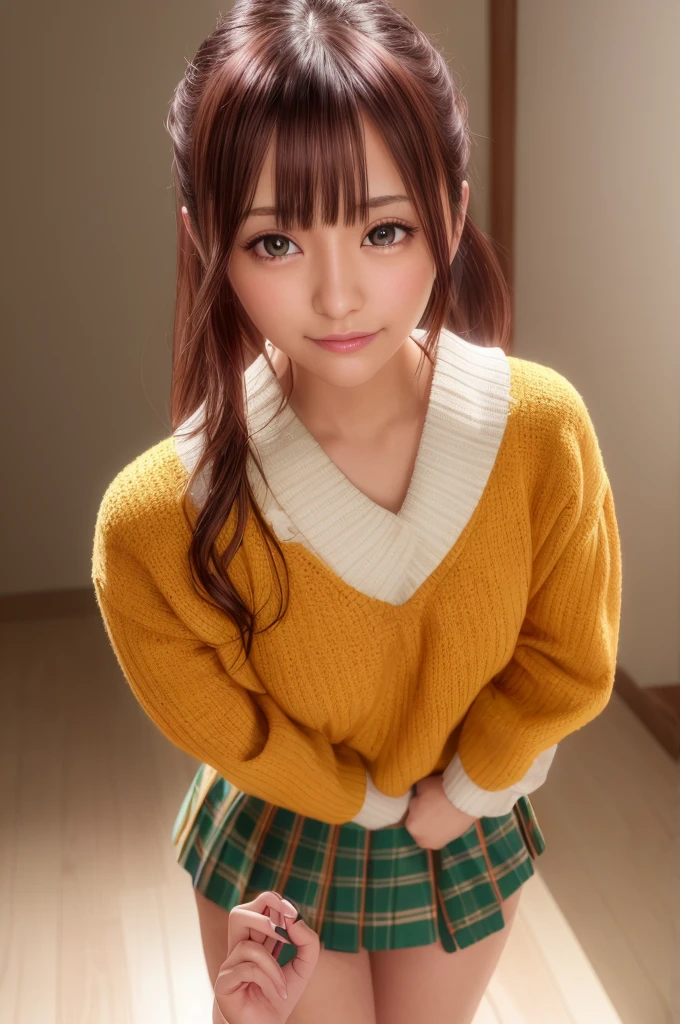 ph momo, momohd, phmomo, solo, 1girl, pink hair, purple eyes, short hair, hair flower, sweater vest, ,(yellow sweater:1.2), big eyes, plaid skirt, black thighhighs, (masterpiece:1.6, best quality), (finely detailed beautiful eyes: 1.2), ultra-detailed, illustration,beautiful detailed eyes, (yandere:1.4), (empty eyes), backlighting, looking at viewer, blush, smile, (masterpiece, finely detailed beautiful eyes: 1.2), detailed eyes, hyper detailed,light smile, highly detailed, beautiful, small details, ultra detailed, best quality, intricate, hyperrealism, sharp, digital illustration, detailed, realism, intricate, 4k, 8k, trending on artstation, good anatomy, beautiful lighting, award-winning, photorealistic, realistic shadows, realistic lighting, beautiful lighting, raytracing, intricate details, moody, rule of thirds, masterpiece, (illustration:1.1), highres, (extremely detailed CG, unity, 8k wallpaper:1.1), beautiful face, highly detailed face, ultra realistic, masterpiece, bokeh, pink hair,extremely detailed, intricate, zoomout, colorful, vibrant colors, red nail polish, side view,standing,whole body,green skirt, plaid, plaid skirt, sainan high , , skirt, sweater vest,