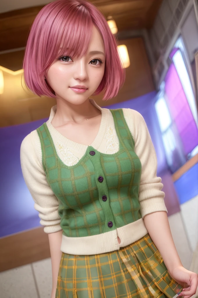 ph momo, momohd, phmomo, solo, 1girl,  pink hair, purple eyes, short hair, hair flower, sweater vest, ,(yellow sweater:1.2), big eyes, plaid skirt, black thighhighs, (masterpiece:1.6, best quality),  (finely detailed beautiful eyes: 1.2), ultra-detailed, illustration,beautiful detailed eyes, (yandere:1.4), (empty eyes),  backlighting, looking at viewer, blush, smile, (masterpiece, finely detailed beautiful eyes: 1.2), detailed eyes, hyper detailed,light smile, highly detailed, beautiful, small details, ultra detailed, best quality, intricate, hyperrealism, sharp, digital illustration, detailed, realism, intricate, 4k, 8k, trending on artstation, good anatomy, beautiful lighting, award-winning, photorealistic, realistic shadows, realistic lighting, beautiful lighting, raytracing, intricate details, moody, rule of thirds, masterpiece, (illustration:1.1), highres, (extremely detailed CG, unity, 8k wallpaper:1.1), beautiful face, highly detailed face, ultra realistic, masterpiece, bokeh, pink hair,extremely detailed, intricate, zoomout, colorful, vibrant colors, red nail polish, side view,standing,whole body,green skirt, plaid, plaid skirt, sainan high , , skirt, sweater vest,