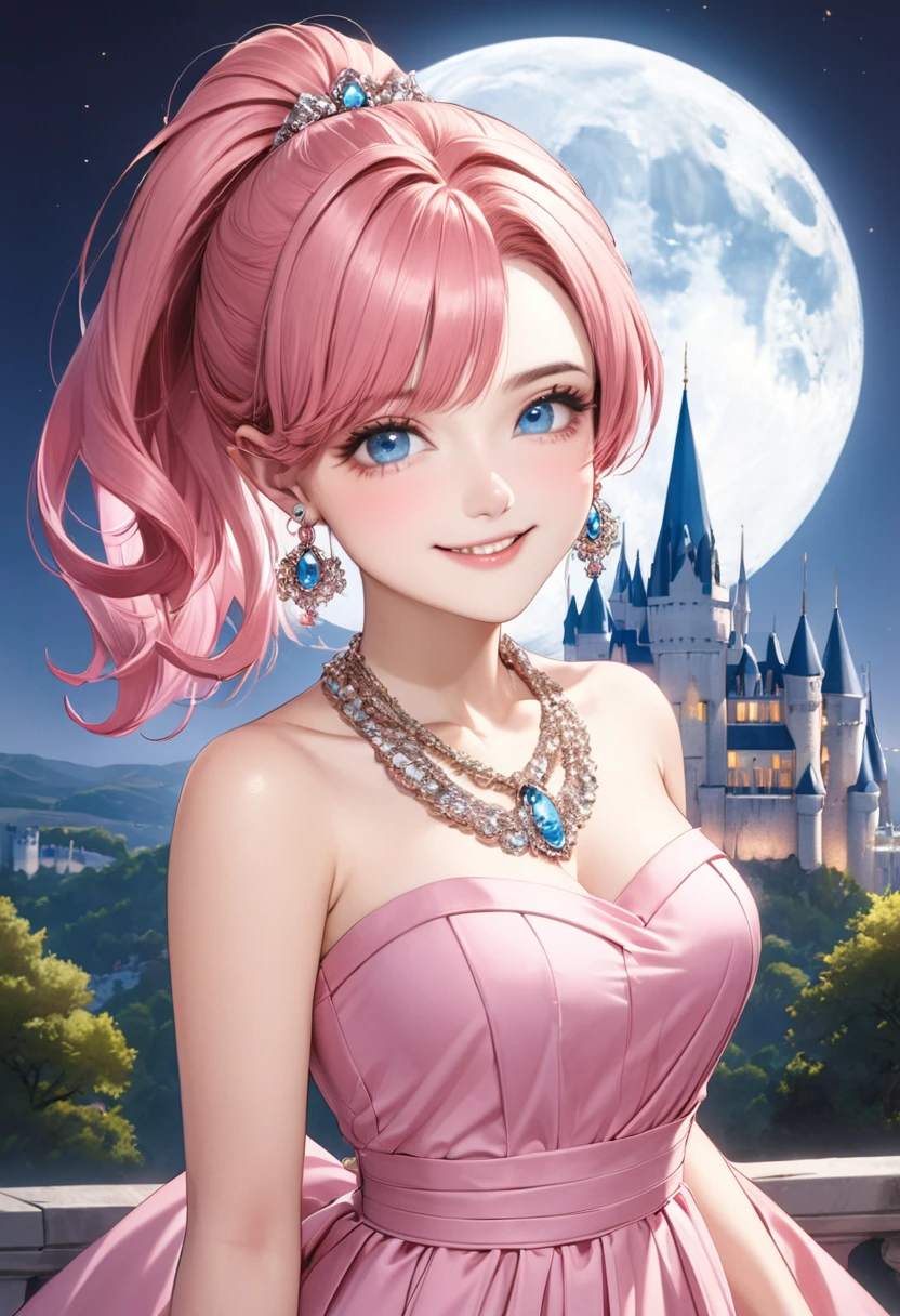1 female　Pink hair ponytail　Pink eyebrows　Dull light blue eyes　Socialite debut　Long dress　Castle and full moon 　hair ornaments　Earrings and matching necklace　A kind smile