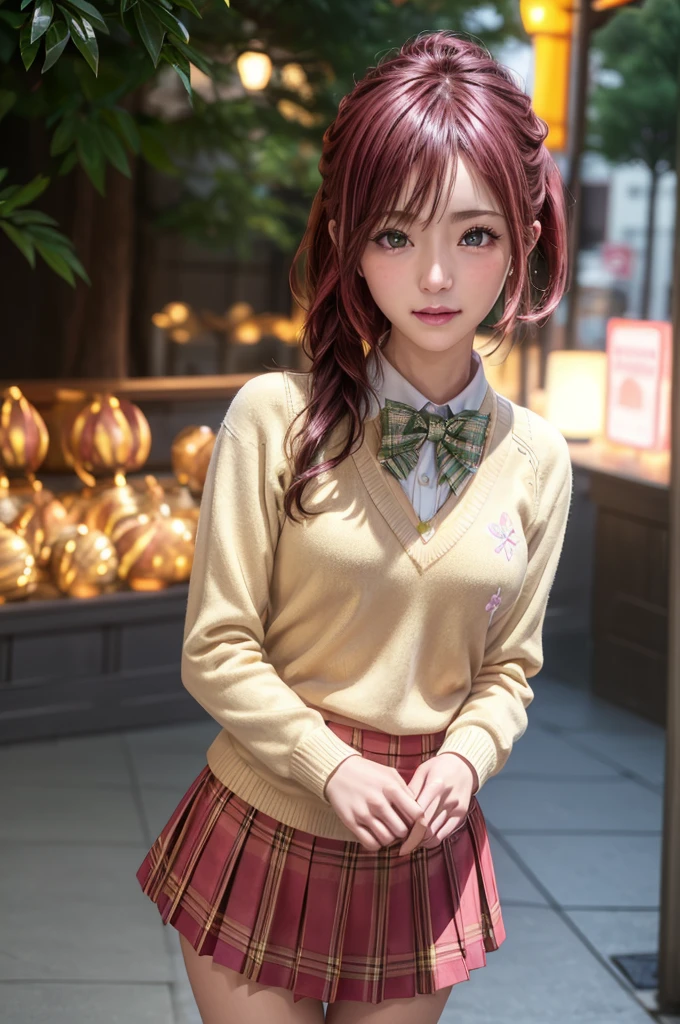 ph momo, momohd, phmomo, solo, 1girl, pink hair, purple eyes, short hair, hair flower, sweater vest, ,(yellow sweater:1.2), big eyes, plaid skirt, black thighhighs, (masterpiece:1.6, best quality), (finely detailed beautiful eyes: 1.2), ultra-detailed, illustration,beautiful detailed eyes, (yandere:1.4), (empty eyes), backlighting, looking at viewer, blush, smile, (masterpiece, finely detailed beautiful eyes: 1.2), detailed eyes, hyper detailed,light smile, highly detailed, beautiful, small details, ultra detailed, best quality, intricate, hyperrealism, sharp, digital illustration, detailed, realism, intricate, 4k, 8k, trending on artstation, good anatomy, beautiful lighting, award-winning, photorealistic, realistic shadows, realistic lighting, beautiful lighting, raytracing, intricate details, moody, rule of thirds, masterpiece, (illustration:1.1), highres, (extremely detailed CG, unity, 8k wallpaper:1.1), beautiful face, highly detailed face, ultra realistic, masterpiece, bokeh, pink hair,extremely detailed, intricate, zoomout, colorful, vibrant colors, red nail polish, side view,standing,whole body,green skirt, plaid, plaid skirt, sainan high , , skirt, sweater vest,