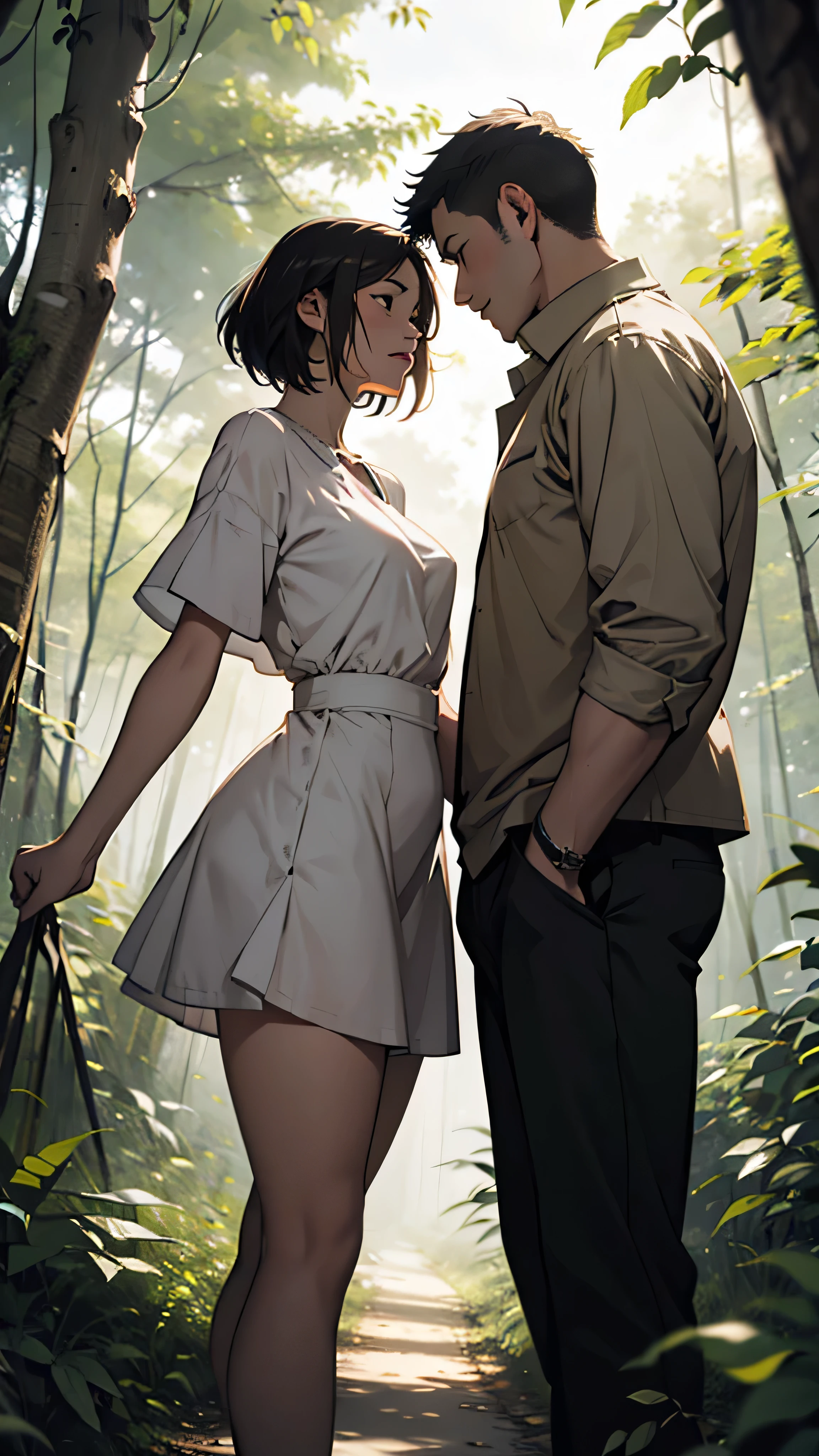 ((2 different characters, a man with brown hair, brown pants, no blouse, a bracelet on his arms, a backpack on his shoulders, with a boot, a belt with a sword)),((muscle)),((eyes yellow, happy face)) and a woman, cyborg, a bionic arm,((gigantic breasts, naked breasts, naked pussy, erect breasts, grabbing breasts)),((green hair)),((1 red eye and 1 eye purple, Desperate face)),walking In a haunted forest, at night))],