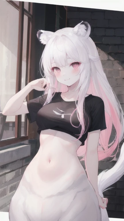 (best quality, masterpiece), 1 girl, centaur, It takes, White skin, korean ,daughter, black pink , Smiling Abdomen Exposure, belly button t-shirt , 아름다운 소녀 perfect white tiger photo, perfect white tiger photo