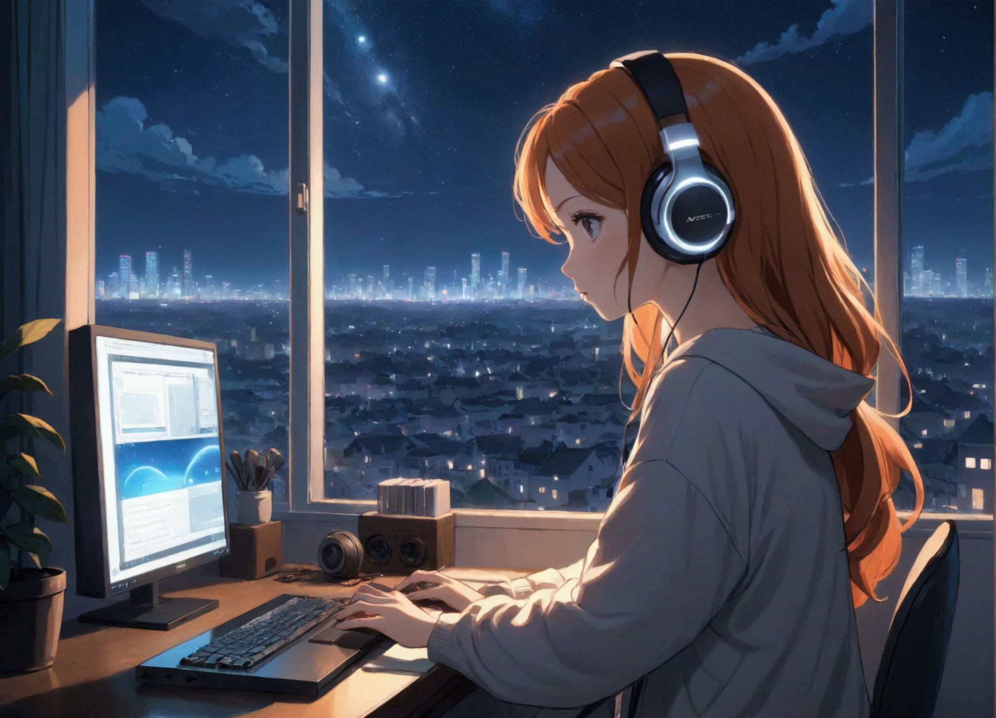 Anime illustration of a woman wearing headphones and staring at a PC while doing research. The scene is by the window of the city view at night, and the whole atmosphere reflects the soft and calm atmosphere of lo-fi music.