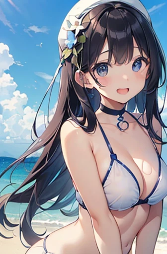 ((4K、8k、Highest quality、Perfect Fingers: 1.Perfect Anatomy: 1.3、Background Blur))、((、、 、cute big droopy eyes、Straight Long Hair、beautiful slim girl、The best open-mouth smile))、（Swimwear）、Blue sky and white sand beach、Full body angle、Long black hair、Large Breasts