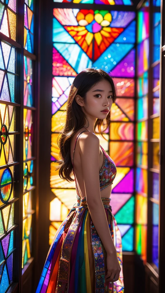 Highest quality, 8k resolution, masterpiece, Professional photography, 20 year old Japanese woman, The background is an intricate and colorful stained glass window, Enchanting atmosphere, Rainbow Glass