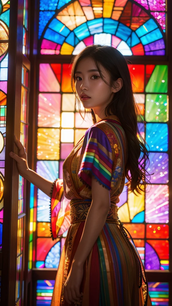 Highest quality, 8k resolution, masterpiece, Professional photography, 20 year old Japanese woman, The background is an intricate and colorful stained glass window, Enchanting atmosphere, Rainbow Glass