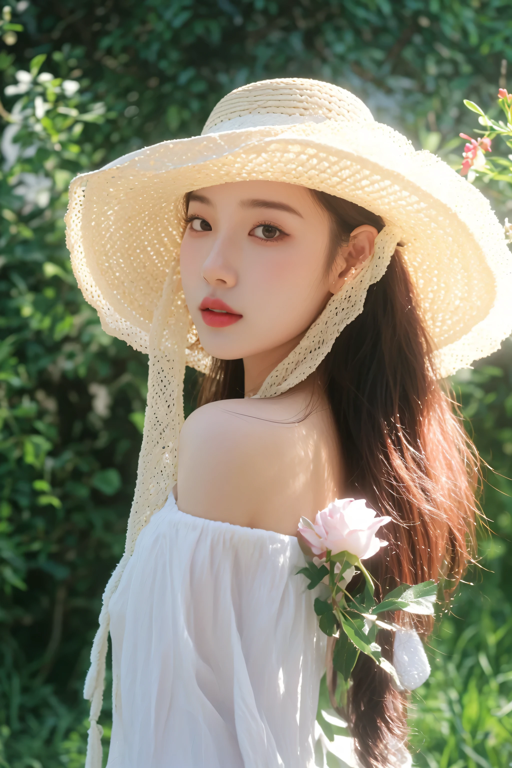 arafed woman in a white dress and a straw hat, ulzzang, with straw hat, beautiful young korean woman, hot with shining sun, with hat, gorgeous young korean woman, beautiful south korean woman, ivory pale skin, sakimichan, soft portrait shot 8 k, beautiful portrait image, belle delphine, pale beautiful skin, popular south korean makeup