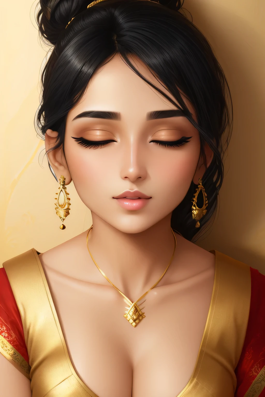 Sexy woman, black hair tied in a bun, smokey eyes, eyeliner, blushing intensely, fairest skin, plump face, soft lips, gold blouse, white saree with gold borders, pinned against a wall