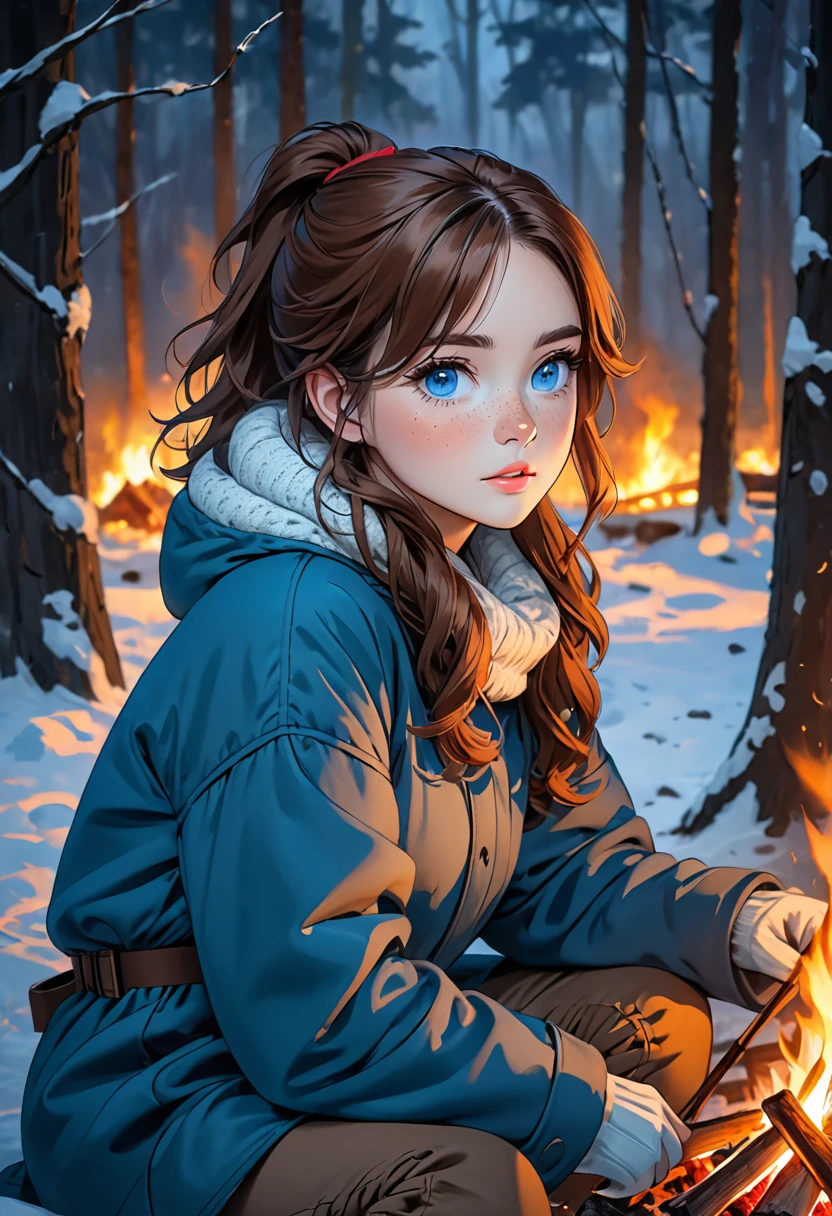 create a girl with shoulder-length wavy brown hair, a short ponytail on the back of her head, and blue eyes, the girl has freckles. This girl is sitting by a campfire in a dark, frightening winter forest. The girl wears warm winter clothes and equipment. high quality