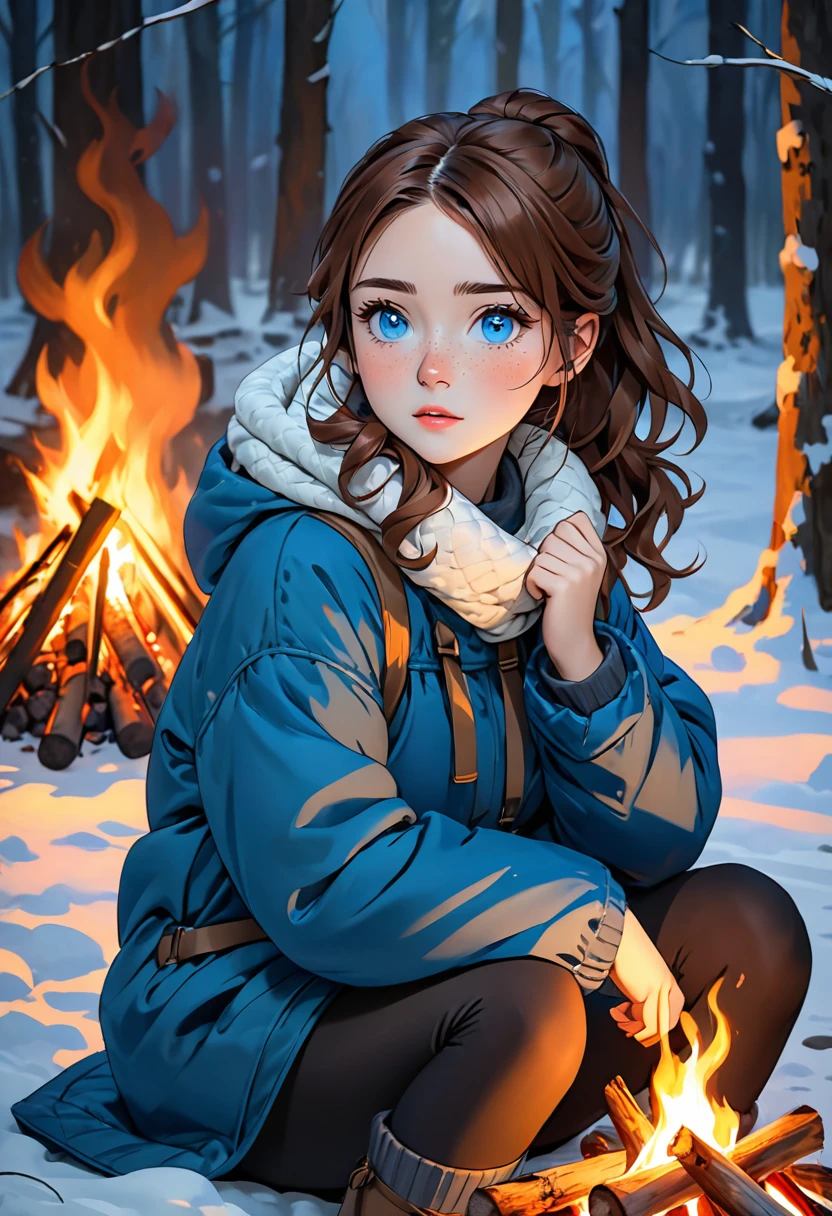 create a girl with shoulder-length wavy brown hair, a short ponytail on the back of her head, and blue eyes, the girl has freckles. This girl is sitting by a campfire in a dark, frightening winter forest. The girl wears warm winter clothes and equipment. high quality 