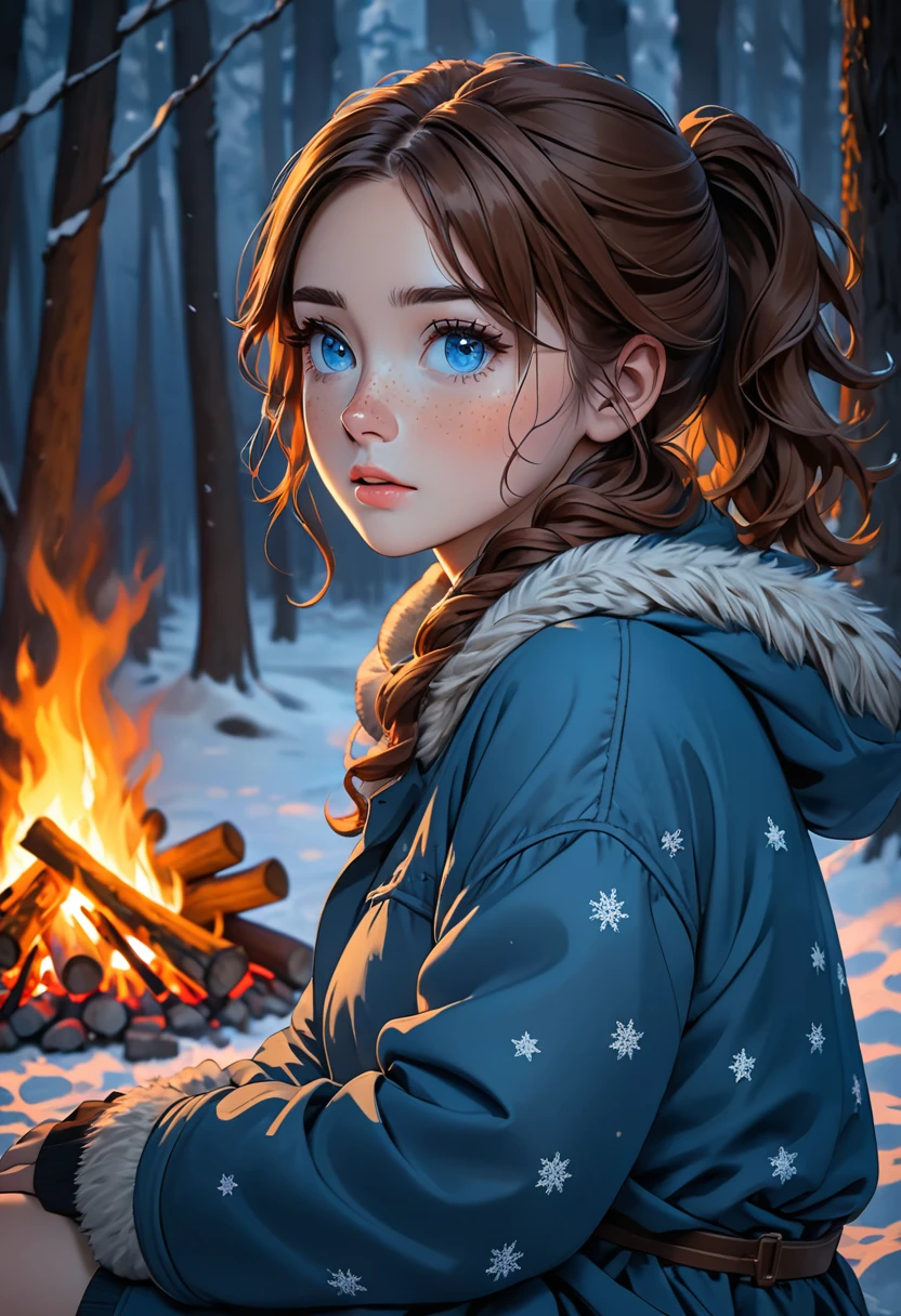 create a girl with shoulder-length wavy brown hair, a short ponytail on the back of her head, and blue eyes, the girl has freckles. This girl is sitting by a campfire in a dark, frightening winter forest. The girl wears warm winter clothes and equipment. high quality