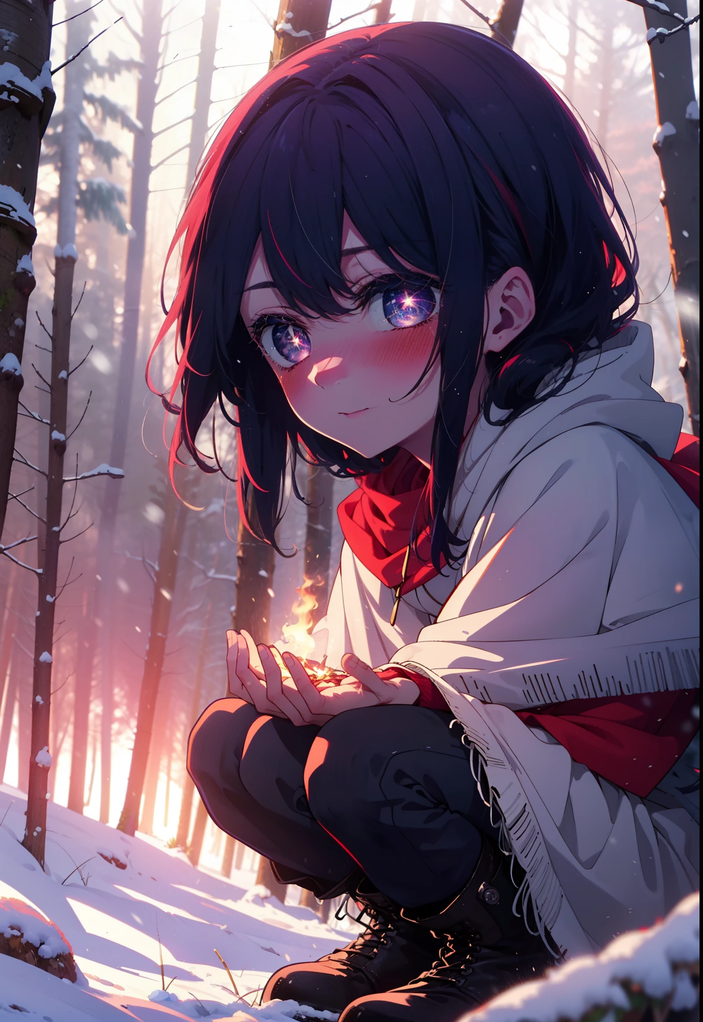 aihoshino, Ai Hoshino, Long Hair, bangs, (Purple eyes:1.1), Purple Hair, (Symbol-shaped pupil:1.5), smile,,smile,blush,white breath,
Open your mouth,snow,Ground bonfire, Outdoor, boots, snowing, From the side, wood, suitcase, Cape, Blurred, , forest, White handbag, nature, Squat, Mouth closed, Cape, winter, Written boundary depth, Black shoes, red Cape break looking at viewer, Upper Body, whole body, break Outdoor, forest, nature, break (masterpiece:1.2), Highest quality, High resolution, unity 8k wallpaper, (shape:0.8), (Beautiful and beautiful eyes:1.6), Highly detailed face, Perfect lighting, Extremely detailed CG, (Perfect hands, Perfect Anatomy),