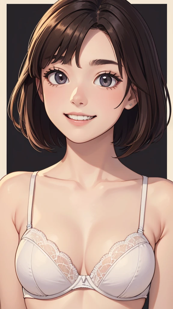 (((masterpiece, best quality, ultra highres, 1 girl, solo, no background))), super detailed skin and face and eyes and finger, young delicate girl, cute girl, very cute japanese woman, small breasts:1.5, skinny, light brown hair, white background, very short pixie hair, cowboy shot, Generate with illustrations, Various expressions, Various poses, Please draw the entire character within the frame, ensuring that the head, arms, and legs are not cut off. The background should be simple, with the character positioned centrally, outline, anime, 2d, boyish, smile showing teeth, white underwear, white bra,