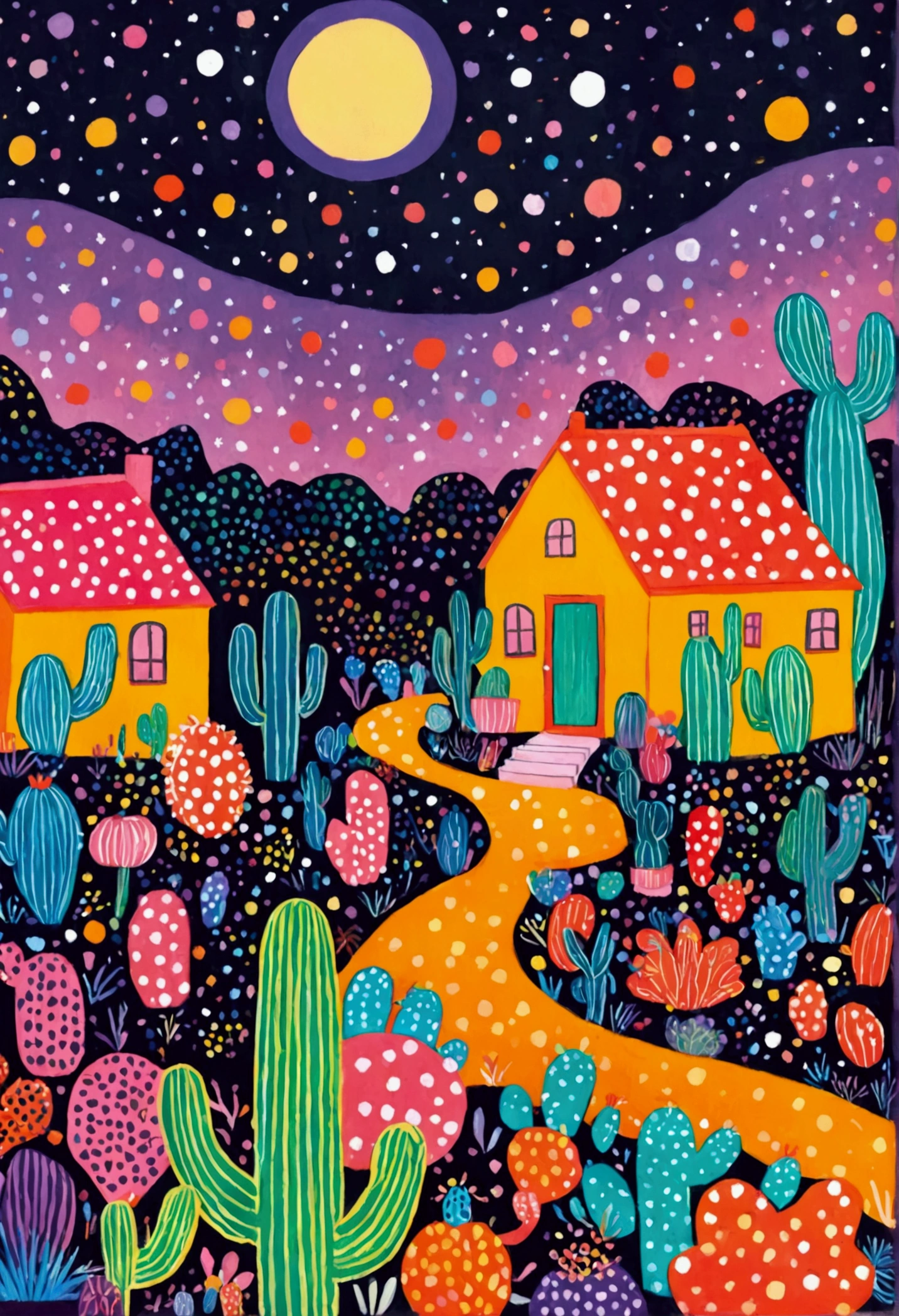 A painting。pastel artwork。Purple，orange color，Flat illustration，Dot、line、Neon，cactus，Star、house、Tree、firefly，Dreamy colors，Childish illustration style（Artists can refer to Yayoi Kusama）