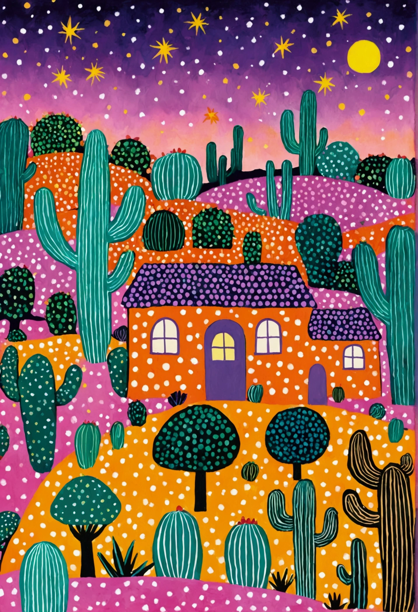 A painting。pastel artwork。Purple,orange color,Flat illustration,Dot、line、Neon,cactus,Star、house、Tree、firefly,Dreamy colors,Childish illustration style(Artists can refer to Yayoi Kusama)
