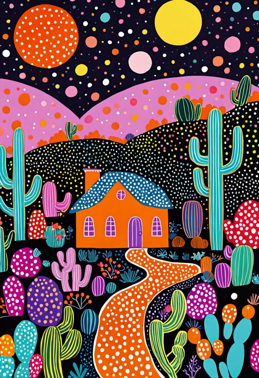 A painting。pastel artwork。Purple，orange color，Flat illustration，Dot、line、Neon，cactus，Star、house、Tree、firefly，Dreamy colors，Childish illustration style（Artists can refer to Yayoi Kusama）