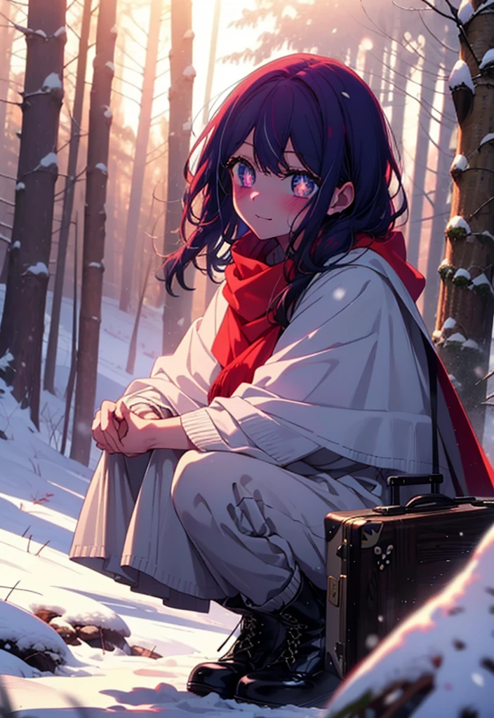 aihoshino, Ai Hoshino, Long Hair, bangs, (Purple eyes:1.1), Purple Hair, (Symbol-shaped pupil:1.5), smile,,smile,blush,white breath,
Open your mouth,snow,Ground bonfire, Outdoor, boots, snowing, From the side, wood, suitcase, Cape, Blurred, , forest, White handbag, nature, Squat, Mouth closed, Cape, winter, Written boundary depth, Black shoes, red Cape break looking at viewer, Upper Body, whole body, break Outdoor, forest, nature, break (masterpiece:1.2), Highest quality, High resolution, unity 8k wallpaper, (shape:0.8), (Beautiful and beautiful eyes:1.6), Highly detailed face, Perfect lighting, Extremely detailed CG, (Perfect hands, Perfect Anatomy),