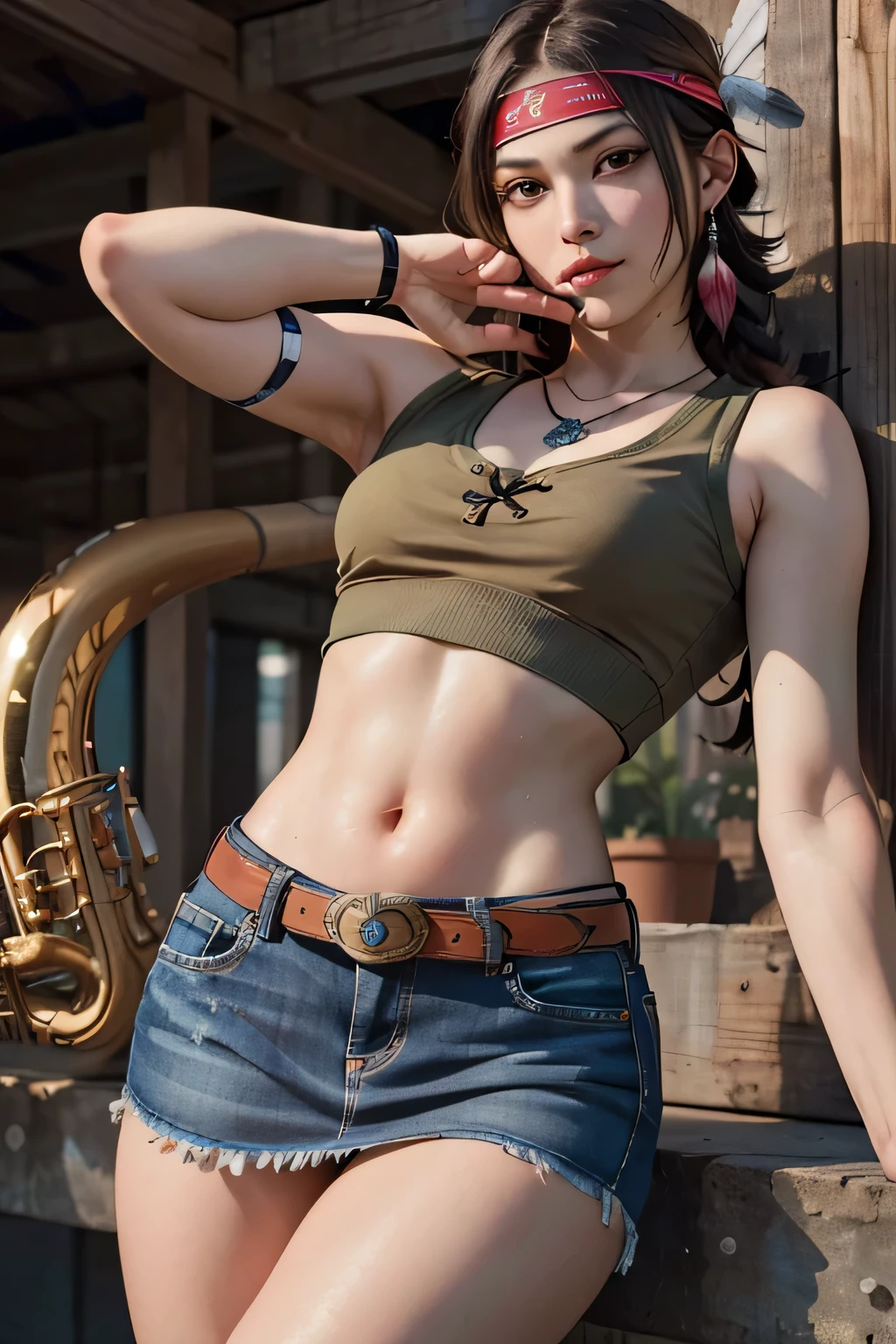(masterpiece,extremely detailed,realistic,best quality,high resolution:1.2),perfect face, detailed face, detailed eyes
cumfacial55, cum on face, cumshot, cum, cumfacial, facial, sweat, saxy eyes, naked breast, grab breast, anus, pussy,
<lora:juliachang_classic:0.6>,juliaclassic,twin braids, headband, crop top, denim skirt, feather hair ornament