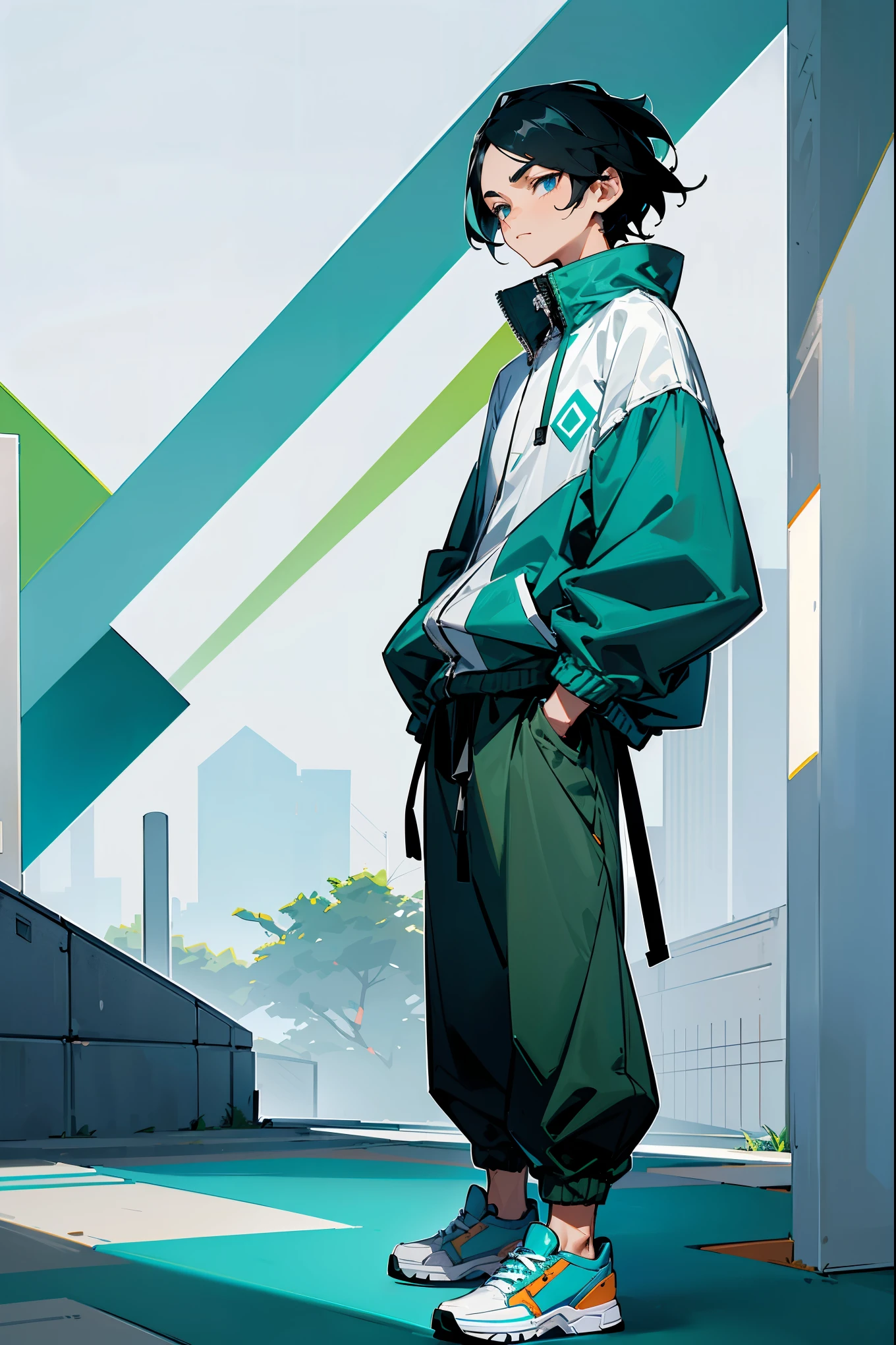 1male, black hair, vivid blue eyes, casual expression, oversized teal windbreaker with geometric patterns, baggy olive green joggers, white slip-on sneakers, minimalistic silver watch, urban park background with lush greenery and modern sculptures, detailed face, hands to side, standing on path