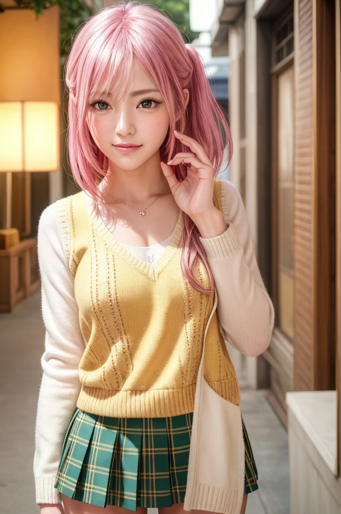 ph momo, momohd, phmomo, solo, 1girl,  pink hair, purple eyes, short hair, hair flower, sweater vest, ,(yellow sweater:1.2), big eyes, plaid skirt, black thighhighs, (masterpiece:1.6, best quality),  (finely detailed beautiful eyes: 1.2), ultra-detailed, illustration,beautiful detailed eyes, (yandere:1.4), (empty eyes),  backlighting, looking at viewer, blush, smile, (masterpiece, finely detailed beautiful eyes: 1.2), detailed eyes, hyper detailed,light smile, highly detailed, beautiful, small details, ultra detailed, best quality, intricate, hyperrealism, sharp, digital illustration, detailed, realism, intricate, 4k, 8k, trending on artstation, good anatomy, beautiful lighting, award-winning, photorealistic, realistic shadows, realistic lighting, beautiful lighting, raytracing, intricate details, moody, rule of thirds, masterpiece, (illustration:1.1), highres, (extremely detailed CG, unity, 8k wallpaper:1.1), beautiful face, highly detailed face, ultra realistic, masterpiece, bokeh, pink hair,extremely detailed, intricate, zoomout, colorful, vibrant colors, red nail polish, side view,standing,whole body,green skirt, plaid, plaid skirt, sainan high , , skirt, sweater vest,