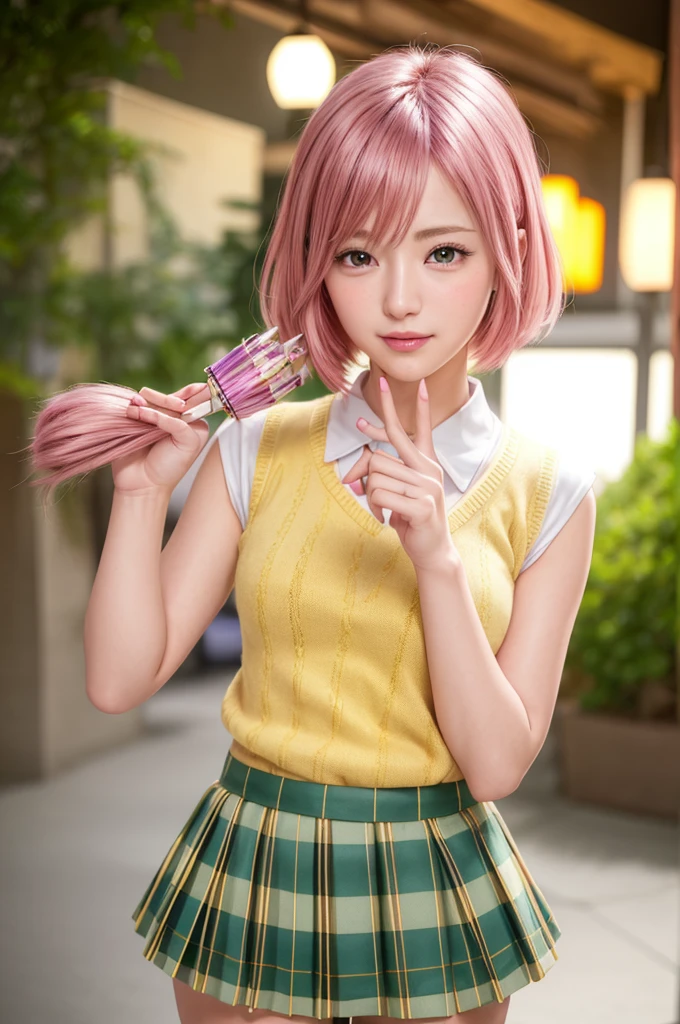 ph momo, momohd, phmomo, solo, 1girl, pink hair, purple eyes, short hair, hair flower, sweater vest, ,(yellow sweater:1.2), big eyes, plaid skirt, black thighhighs, (masterpiece:1.6, best quality), (finely detailed beautiful eyes: 1.2), ultra-detailed, illustration,beautiful detailed eyes, (yandere:1.4), (empty eyes), backlighting, looking at viewer, blush, smile, (masterpiece, finely detailed beautiful eyes: 1.2), detailed eyes, hyper detailed,light smile, highly detailed, beautiful, small details, ultra detailed, best quality, intricate, hyperrealism, sharp, digital illustration, detailed, realism, intricate, 4k, 8k, trending on artstation, good anatomy, beautiful lighting, award-winning, photorealistic, realistic shadows, realistic lighting, beautiful lighting, raytracing, intricate details, moody, rule of thirds, masterpiece, (illustration:1.1), highres, (extremely detailed CG, unity, 8k wallpaper:1.1), beautiful face, highly detailed face, ultra realistic, masterpiece, bokeh, pink hair,extremely detailed, intricate, zoomout, colorful, vibrant colors, red nail polish, side view,standing,whole body,green skirt, plaid, plaid skirt, sainan high , , skirt, sweater vest,