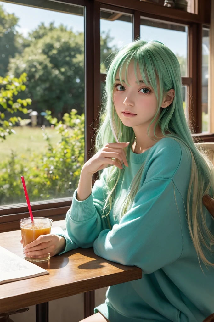 A highly detailed anime-style illustration of a young person sitting in a cozy café. They have mint green hair, styled in soft, wavy locks that frame their face. Their eyes are large and a vibrant shade of red, with a dreamy, slightly absent-minded expression. They are wearing a loose, oversized white sweatshirt. Their right hand is resting against their cheek, while their left hand is gently placed on an open book on the table. In front of them is a tall glass of a blue drink with a straw and a cherry on top. The background features a window with bright sunlight streaming in, casting a warm glow, and some green plants in the background, adding to the serene and relaxed atmosphere. The overall mood is peaceful and introspective, capturing a quiet moment of contemplation.