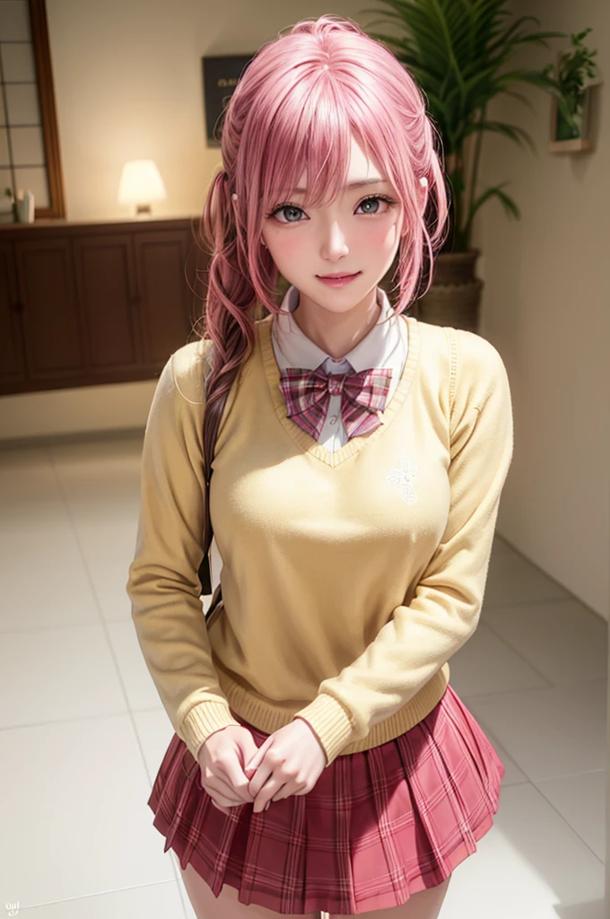 ph momo, momohd, phmomo, solo, 1girl,  pink hair, purple eyes, short hair, hair flower, sweater vest, ,(yellow sweater:1.2), big eyes, plaid skirt, black thighhighs, (masterpiece:1.6, best quality),  (finely detailed beautiful eyes: 1.2), ultra-detailed, illustration,beautiful detailed eyes, (yandere:1.4), (empty eyes),  backlighting, looking at viewer, blush, smile, (masterpiece, finely detailed beautiful eyes: 1.2), detailed eyes, hyper detailed,light smile, highly detailed, beautiful, small details, ultra detailed, best quality, intricate, hyperrealism, sharp, digital illustration, detailed, realism, intricate, 4k, 8k, trending on artstation, good anatomy, beautiful lighting, award-winning, photorealistic, realistic shadows, realistic lighting, beautiful lighting, raytracing, intricate details, moody, rule of thirds, masterpiece, (illustration:1.1), highres, (extremely detailed CG, unity, 8k wallpaper:1.1), beautiful face, highly detailed face, ultra realistic, masterpiece, bokeh, pink hair,extremely detailed, intricate, zoomout, colorful, vibrant colors, red nail polish, side view,standing,whole body,green skirt, plaid, plaid skirt, sainan high , , skirt, sweater vest,