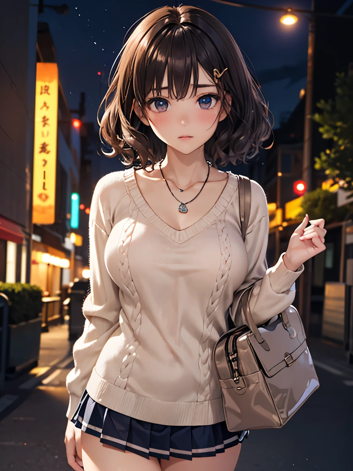 ((masterpiece, Highest quality, High resolution,4K)), One girl, single, alone, Beautiful Anime Girls, Anime characters, 24-years-old, I could see the whole body,((Wave shorthair、Blue ash glossy hair,Curly Hair:1.4, hairpin)), ((Detailed face, blush:1.2)), ((Detailed eyes, Anime Eyes Style, Beautiful Eyes, Brown eyes:1.8, Glitter effect)), ((Smooth texture:0.75, Realistic texture:0.65, Realistic:1.1, Anime CG style)), Dynamic Angle, Big Breasts, valley、Perfect body, ((close, throw, cute, Hand in hand)), ((Casual clothing, White sweater, race、Short pleated skirt, bra、I can see your attractive thighs)), Outdoor Background, Absurd background, Bokeh:1.1, ((night, night lights)), Urban construction, ((Minimalist Necklace, One red baguette bag))
