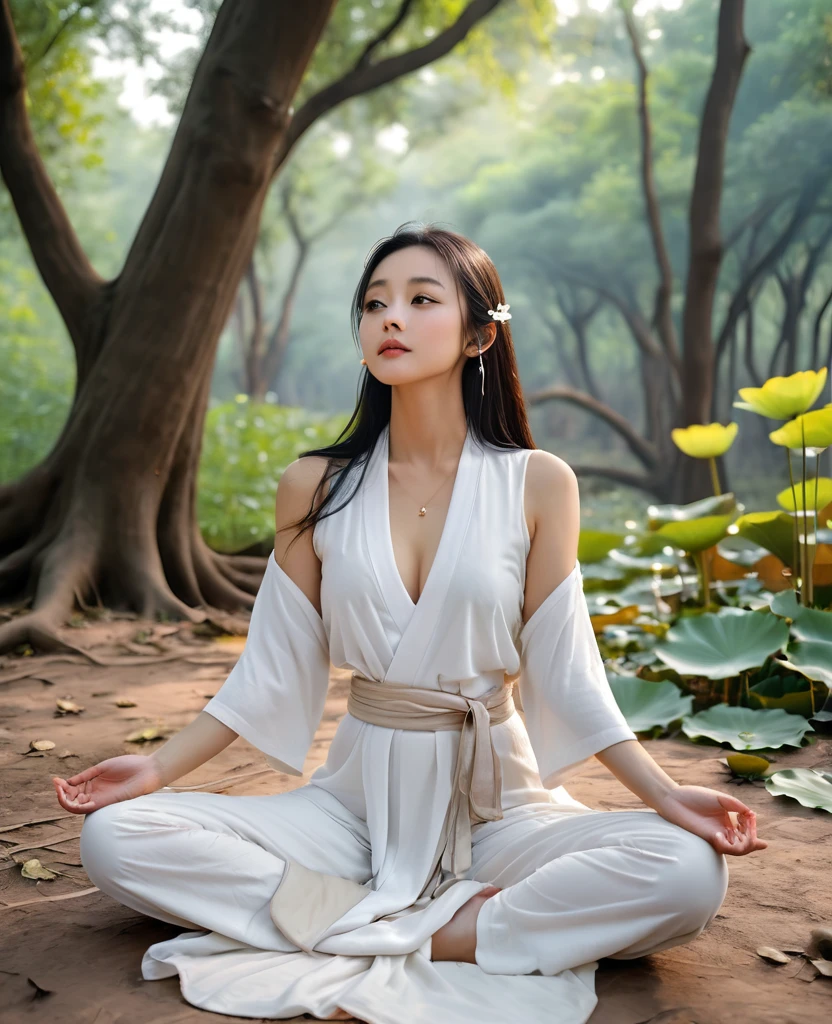 A Chinese saint meditate in lotus pose, a very beautiful Chinese girl trying to seduce him by whispering in his ears, deep in forest, beneath a giant tree, white clothes.
