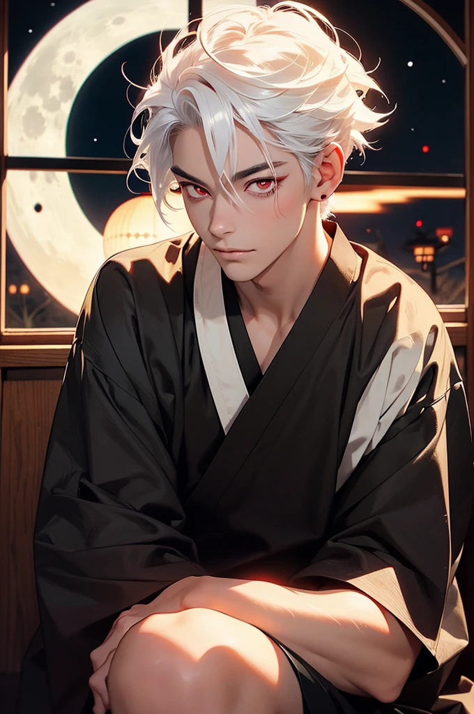 Young man sitting in front of a round Japanese-style window, Japanese temple, demon, oni, horns, kimono, long eyelashes, tousled white hair, red eyes, demon tail, detailed eyes, detailed hair, detailed face, night, moon, dancing shadow, sharp-toothed smile, moonlight, dark, scary.