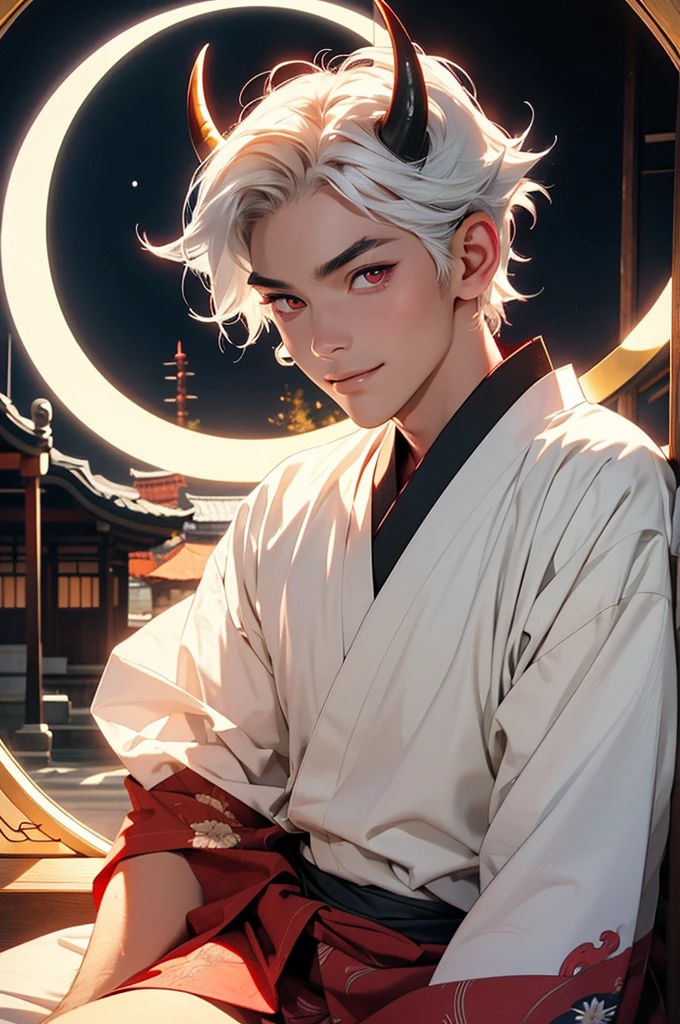 Young man sitting in front of a round Japanese-style window, Japanese temple, demon, oni, horns, kimono, long eyelashes, tousled white hair, red eyes, demon tail, detailed eyes, detailed hair, detailed face, night, moon, dancing shadow, sharp-toothed smile, moonlight, dark, scary.