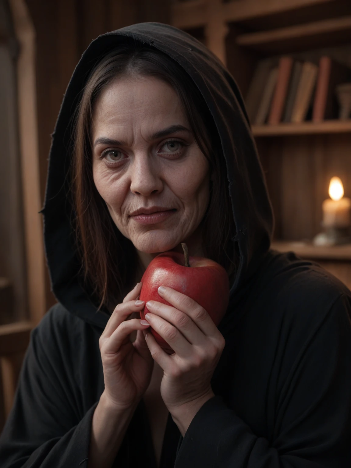 score_9, score_8_up, score_7_up, score_6_up, score_5_up, score_4_up, realistic style, photo, photorealistic, high detail, photo of a very old witch, scary wrinkled face, ugly face, black hooded robe, holds out a red apple to the viewer on her palm, looks at the viewer, old witch's hut, dark lighting, gothic lighting, tag1, tag2