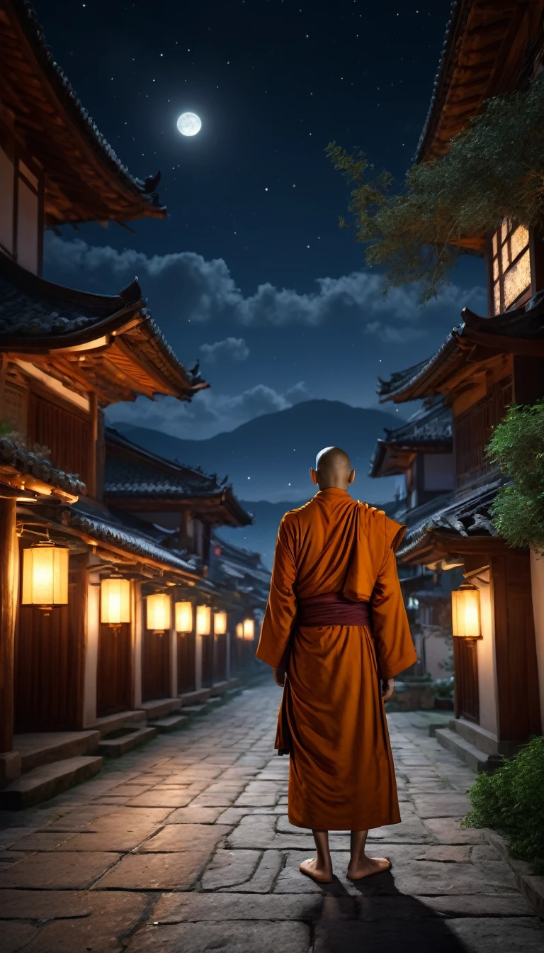 Image of a monk at night, PICTURE REALISTIC, High resolution 8K 