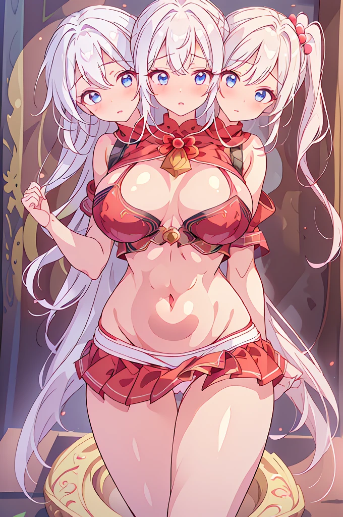 (masterpiece, best quality),best quality, (ultra-detailed), (3heads:1.5), 1girl, (shinki:1.3), masterpiece, best quality, ultra quality, ultra resolution, ultra detail, red top, crop top, ((stomach)), midriff, ((groin)), red skirt, normal ears, shackles, white hair, very long hair, wavy hair, sidelocks, light-blue eyes, parted lips, side ponytail, sweat, cute, toned belly, hand on own chest, eyelashes, (25 year old woman:1.3), (masterpiece:1.5), (best quality:1.5), (beautiful detailed), extremely detailed CG, extremely delicate and beautiful, depth of field, (finely detailed face), (perfect details:1.2), (mature female:1.3), wide pelvis, slender, large veiny breast, 16k resolution, highres, very high quality, very high definition, extremely detailed, masterpiece, white hair, long hair, alluring presence, short skirt, close up, very big tits, huge tits, young, white wings, open belly, girl with three heads, three headed girl,