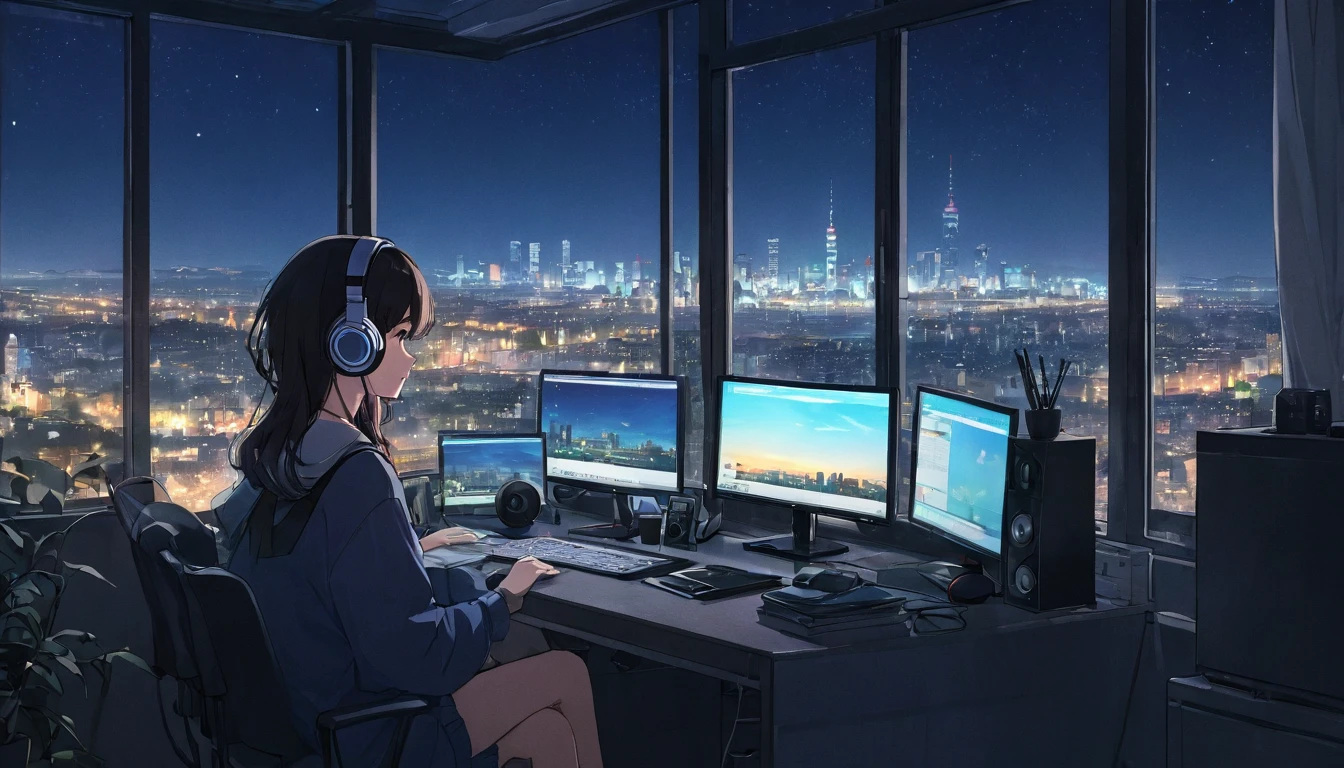 Anime illustration of a woman wearing headphones and staring at a PC while doing research. The scene is by the window of the city view at night, and the whole atmosphere reflects the soft and calm atmosphere of lo-fi music.