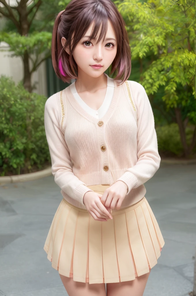 ph momo, momohd, phmomo, solo, 1girl, pink hair, purple eyes, short hair, hair flower, sweater vest, ,(yellow sweater:1.2), big eyes, plaid skirt, black thighhighs, (masterpiece:1.6, best quality), (finely detailed beautiful eyes: 1.2), ultra-detailed, illustration,beautiful detailed eyes, (yandere:1.4), (empty eyes), backlighting, looking at viewer, blush, smile, (masterpiece, finely detailed beautiful eyes: 1.2), detailed eyes, hyper detailed,light smile, highly detailed, beautiful, small details, ultra detailed, best quality, intricate, hyperrealism, sharp, digital illustration, detailed, realism, intricate, 4k, 8k, trending on artstation, good anatomy, beautiful lighting, award-winning, photorealistic, realistic shadows, realistic lighting, beautiful lighting, raytracing, intricate details, moody, rule of thirds, masterpiece, (illustration:1.1), highres, (extremely detailed CG, unity, 8k wallpaper:1.1), beautiful face, highly detailed face, ultra realistic, masterpiece, bokeh, pink hair,extremely detailed, intricate, zoomout, colorful, vibrant colors, red nail polish, side view,standing,whole body,green skirt, plaid, plaid skirt, sainan high , , skirt, sweater vest,